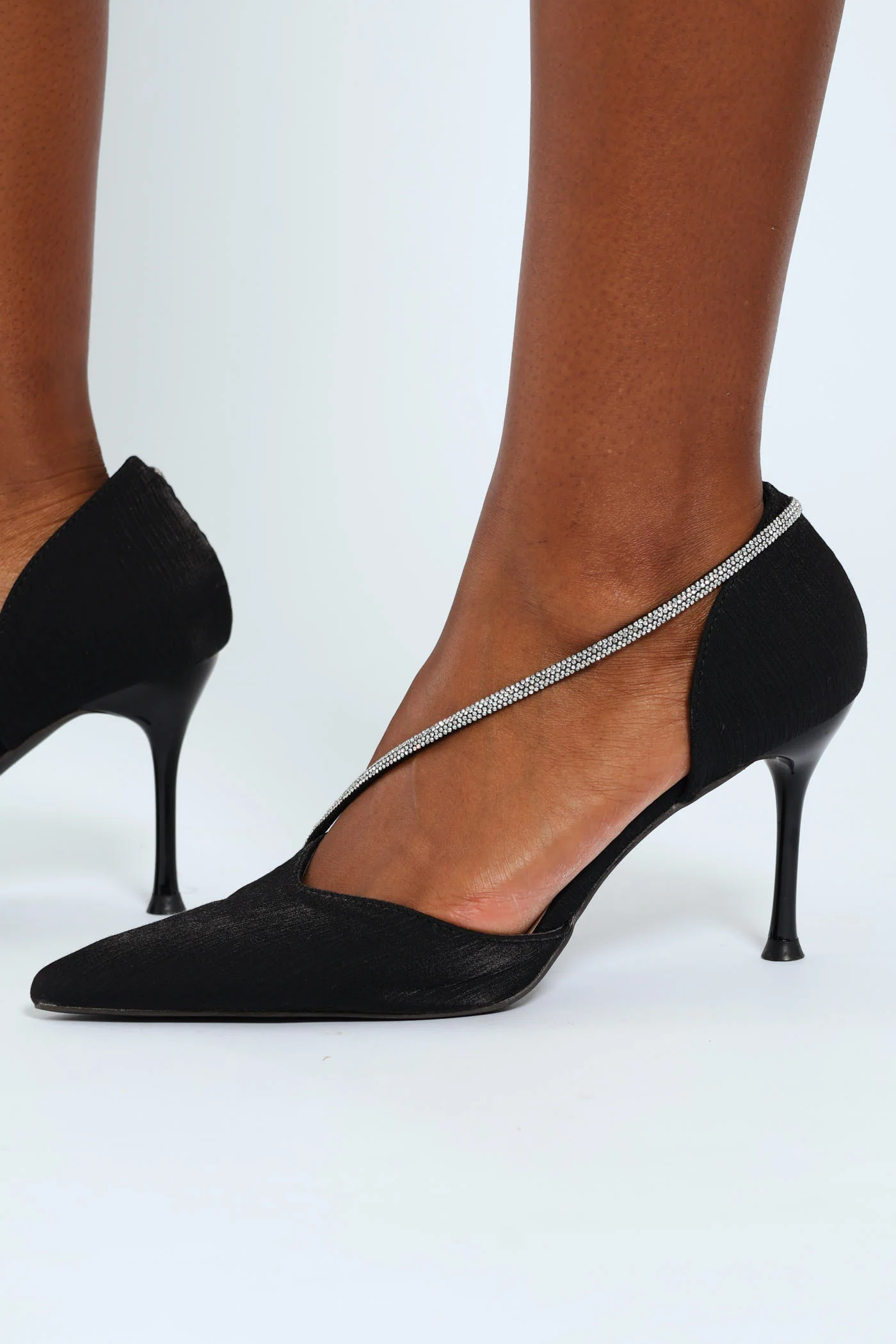 Pointy Open Waist Court Heel With Diamante Strap - Black - Image 2