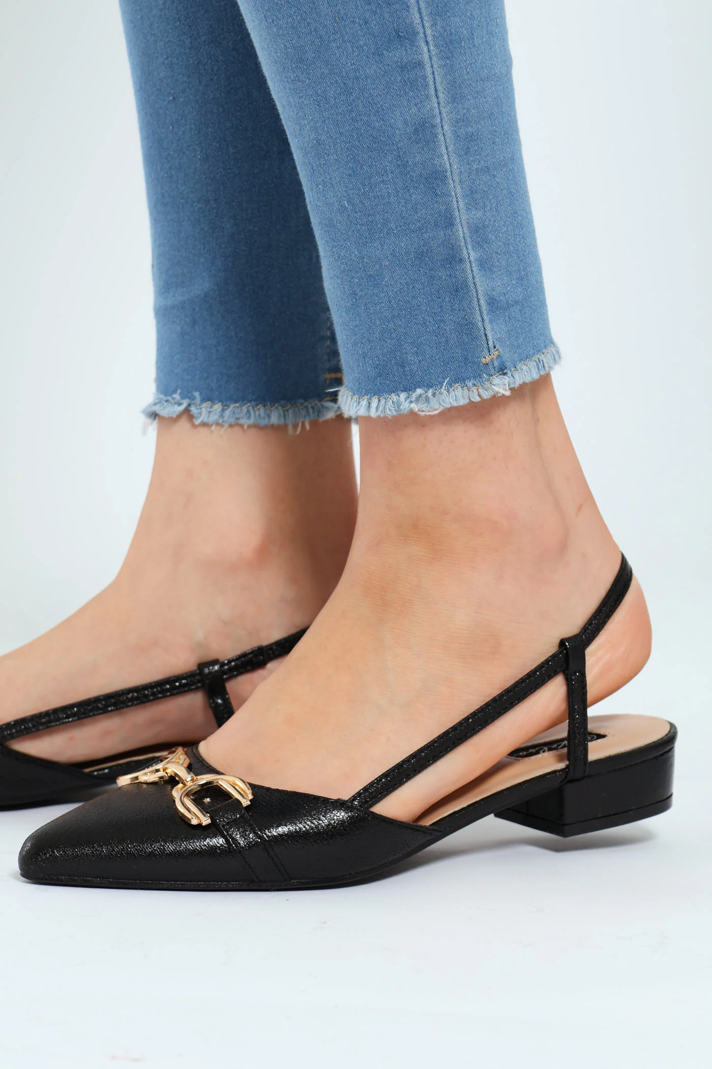 Pointy Slingback Low Block Heel With Trim - Black - Image 3