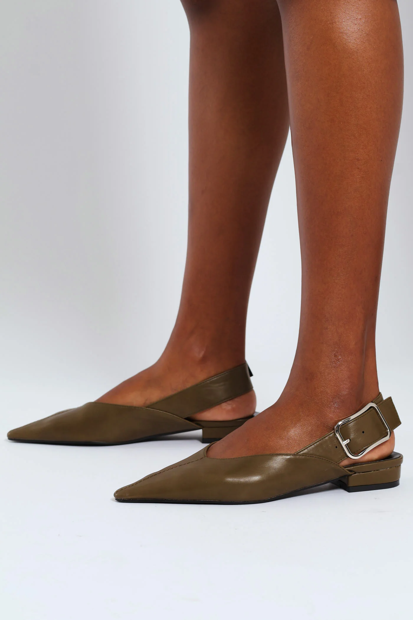 Pointy V-Cut Buckled Strap Slingback Mule - Khaki - Image 3