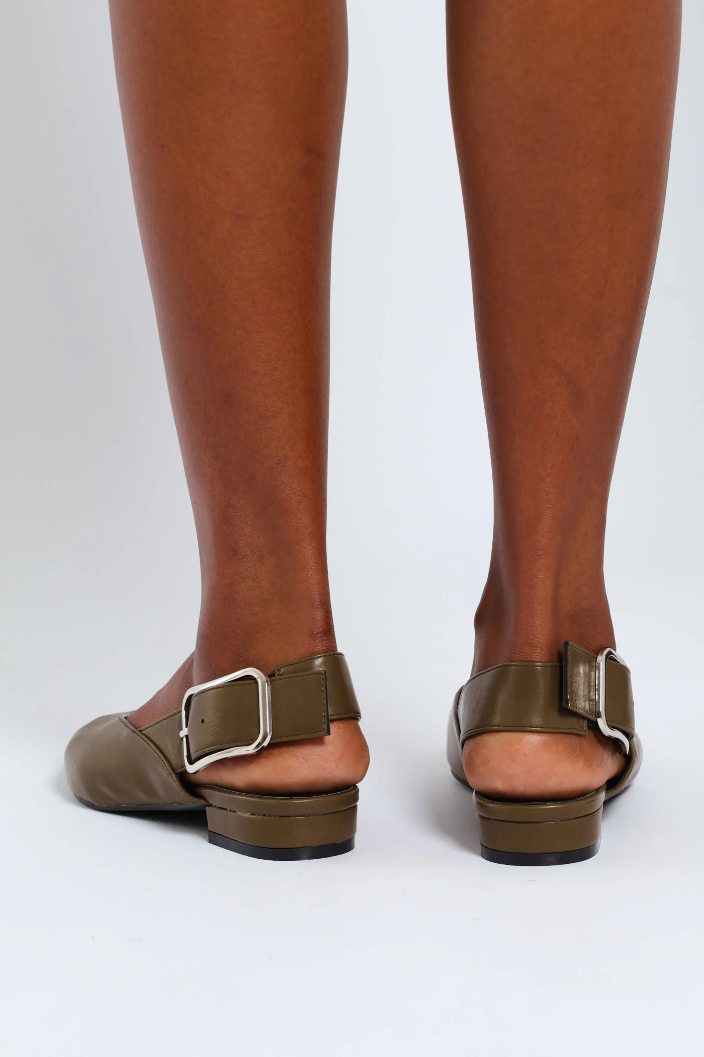 Pointy V-Cut Buckled Strap Slingback Mule - Khaki - Image 4