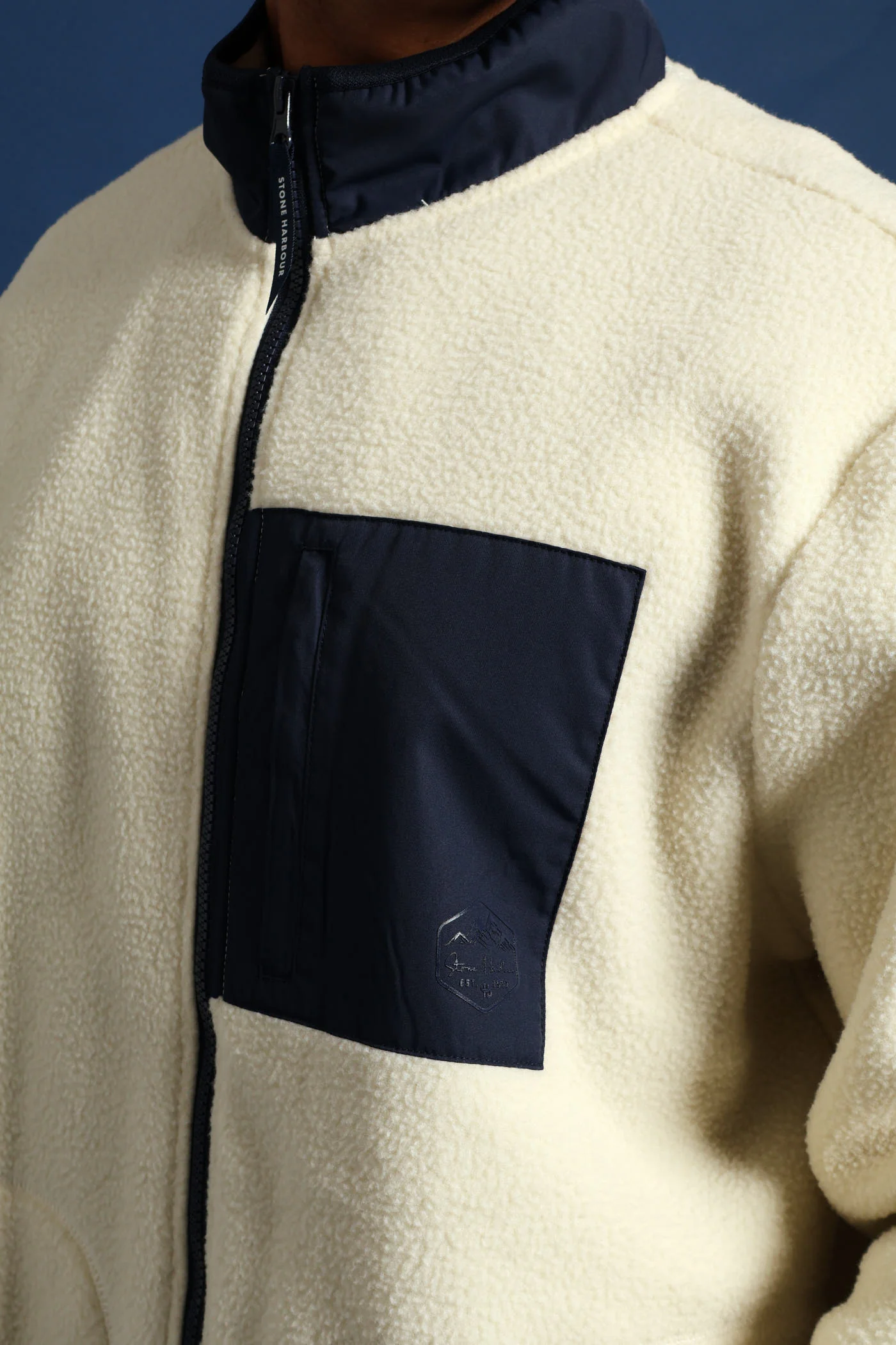Polar Fleece Nylon Combo Zip Through Jacket - Light Stone/Navy - Image 2