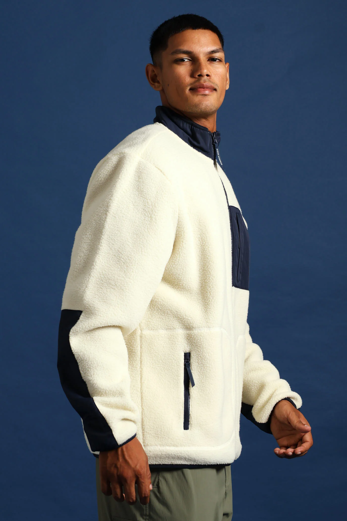 Polar Fleece Nylon Combo Zip Through Jacket - Light Stone/Navy - Image 3
