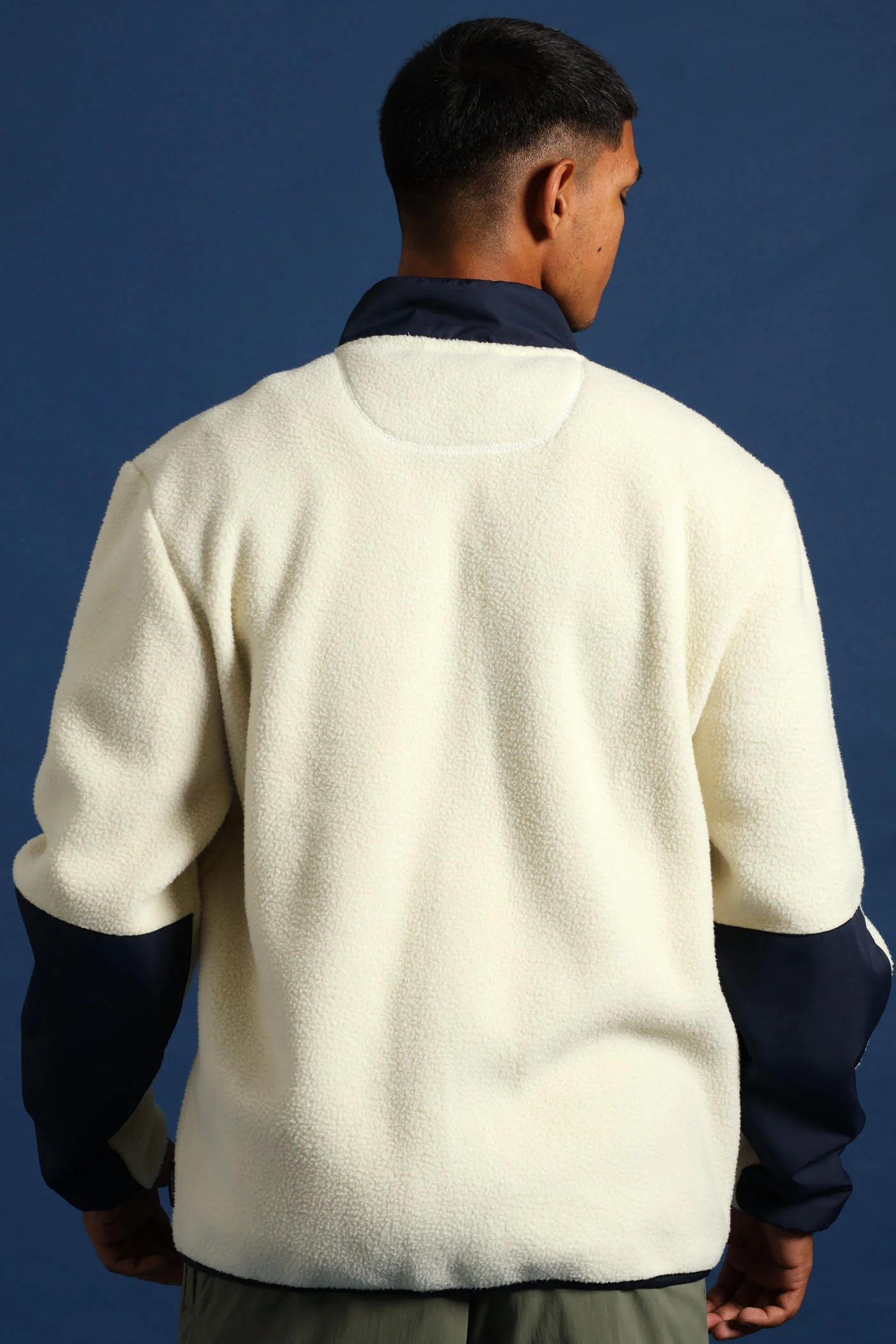 Polar Fleece Nylon Combo Zip Through Jacket - Light Stone/Navy - Image 4