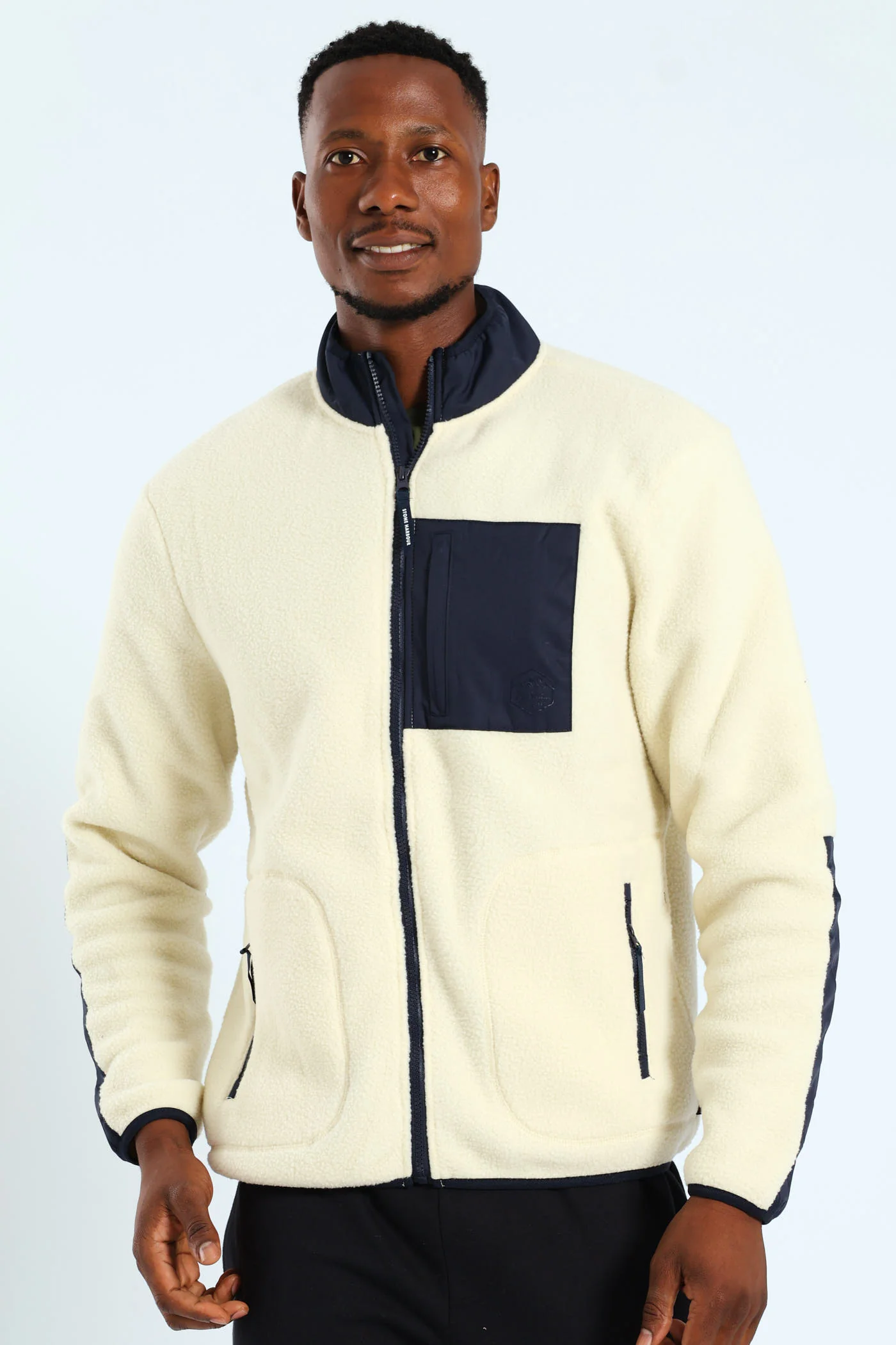 Polar Fleece Nylon Combo Zip Through Jacket - Light Stone/Navy - Image 6
