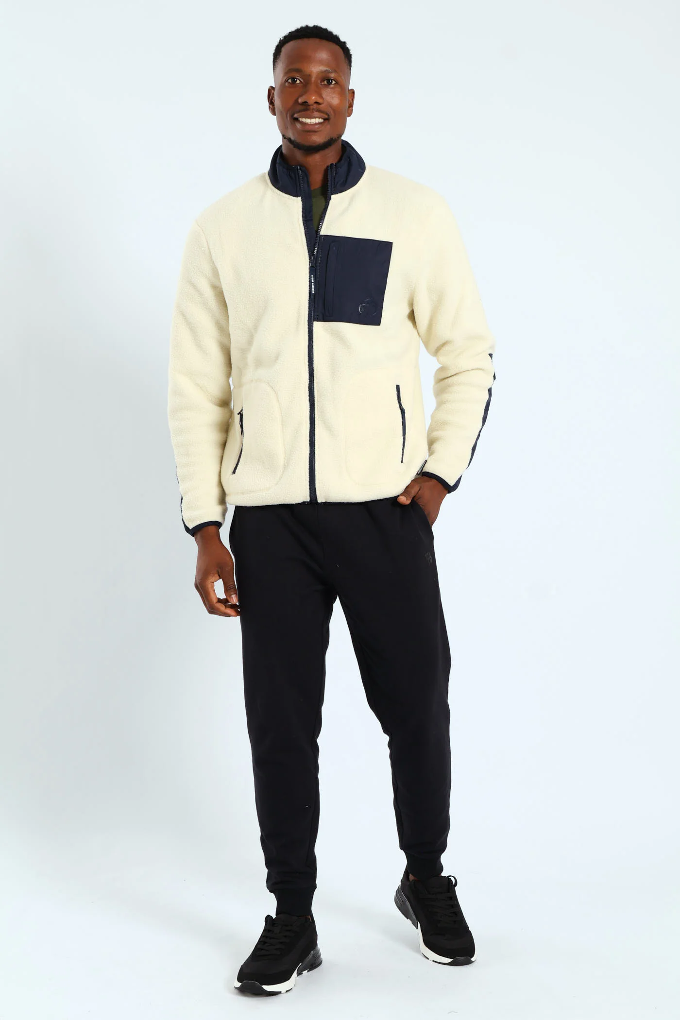 Polar Fleece Nylon Combo Zip Through Jacket - Light Stone/Navy - Image 8