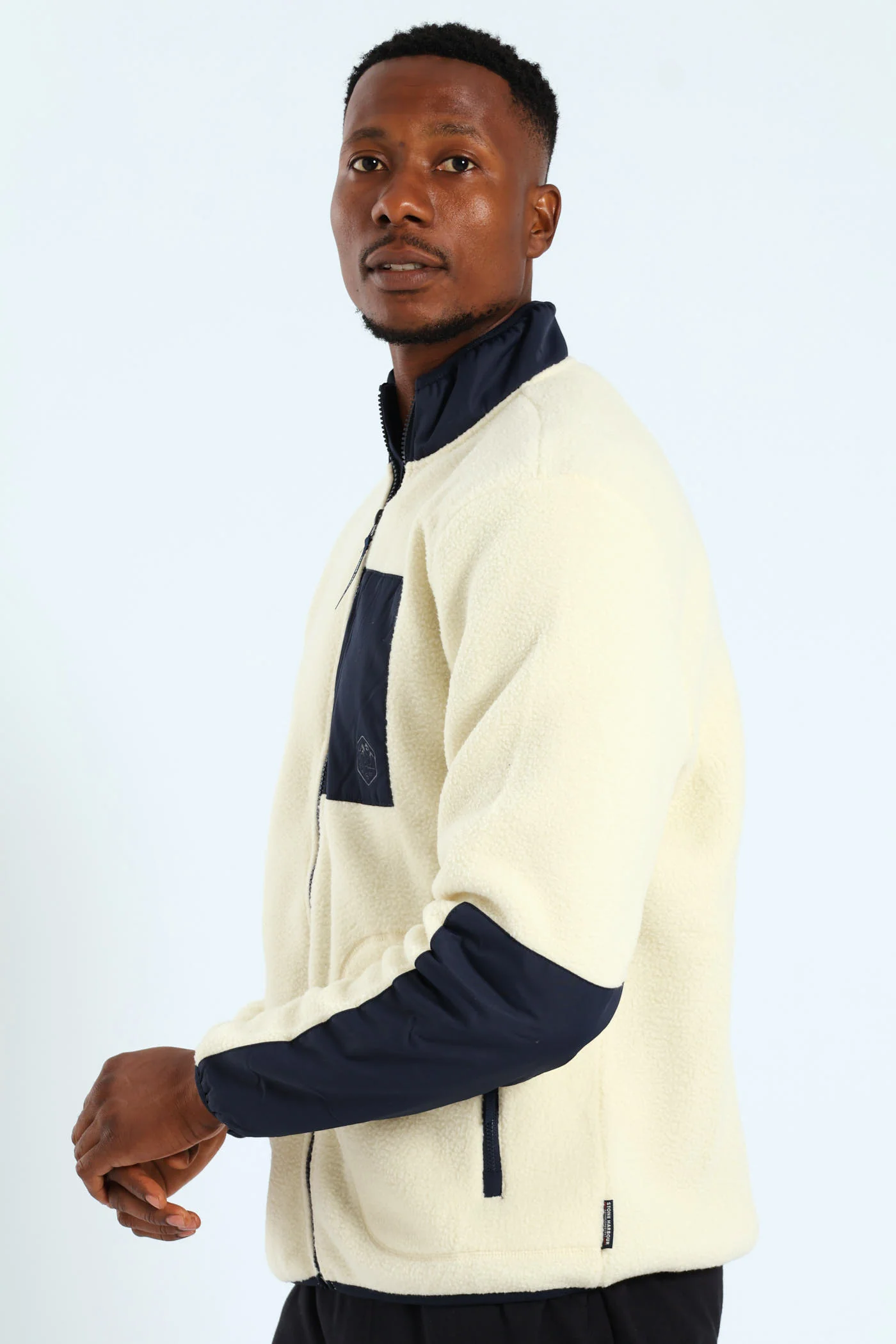 Polar Fleece Nylon Combo Zip Through Jacket - Light Stone/Navy - Image 9