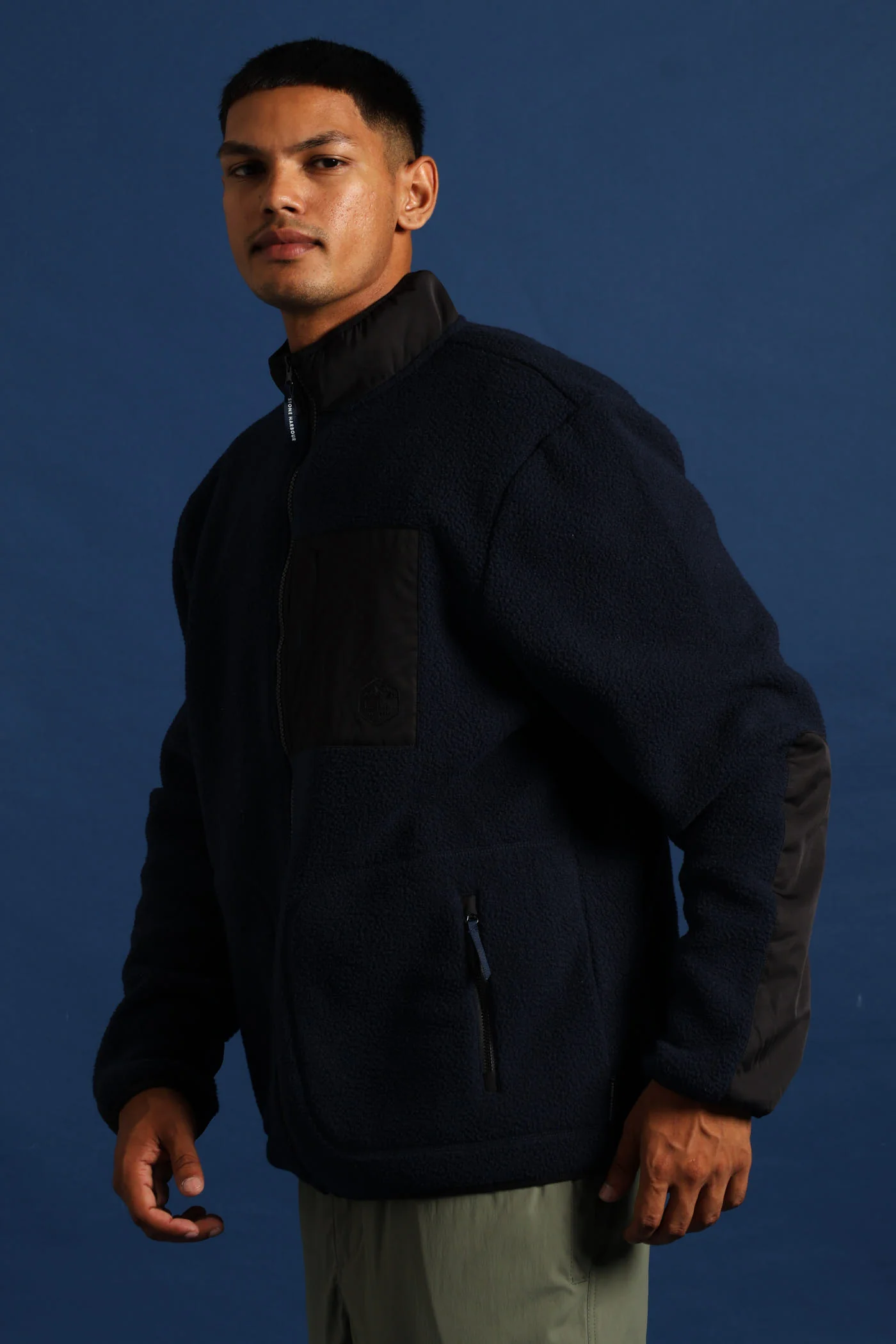 Polar Fleece Nylon Combo Zip Through Jacket - Navy/Black - Image 4