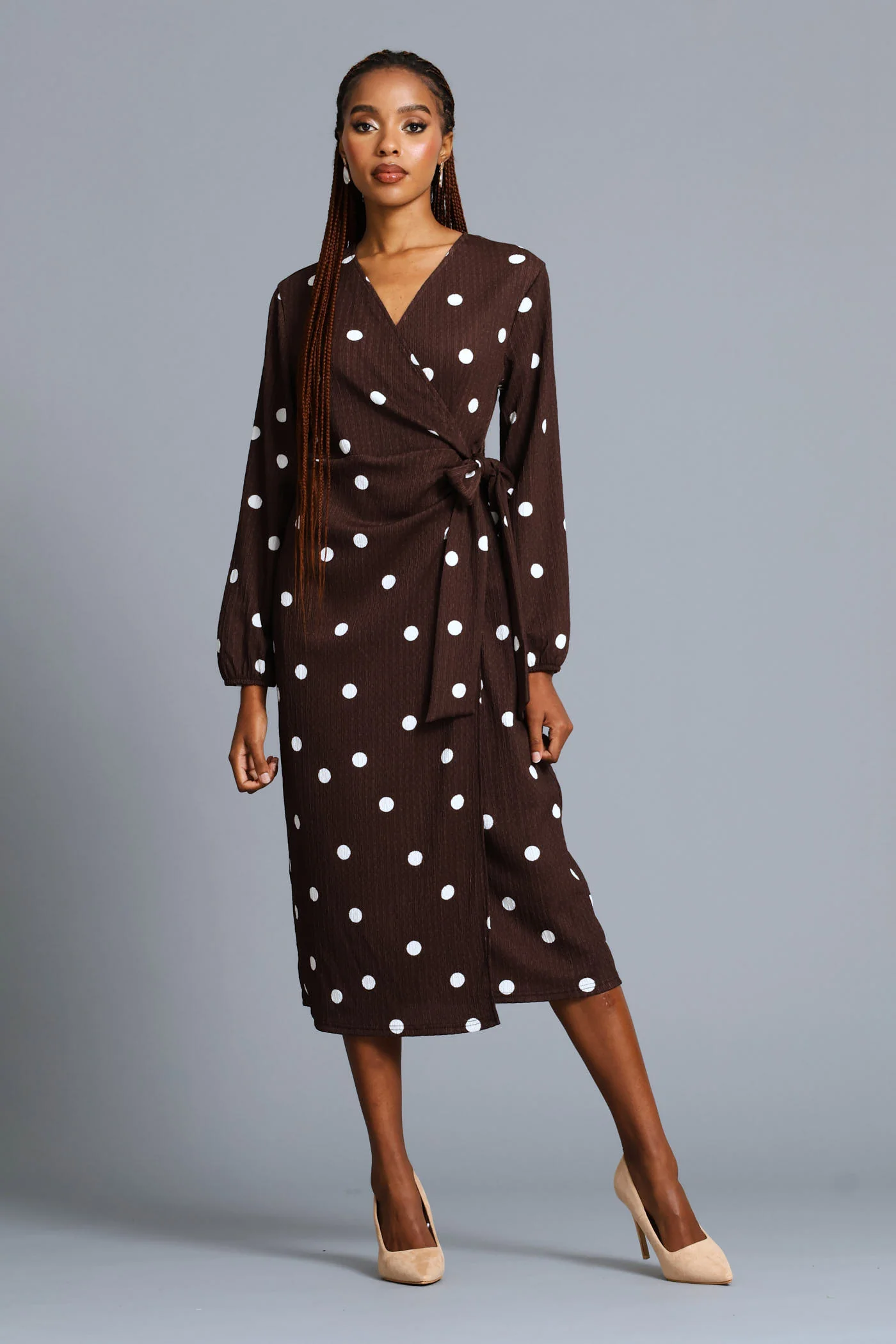 Polka Textured Wrap Midi Dress - Chocolate - Image 2