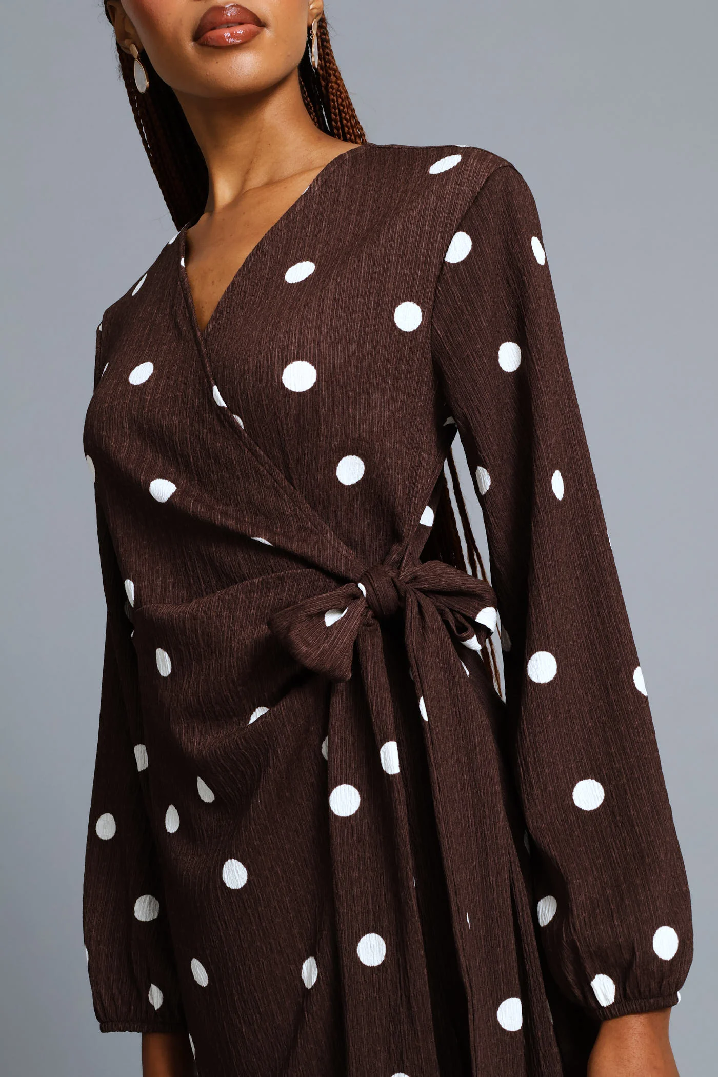 Polka Textured Wrap Midi Dress - Chocolate - Image 3