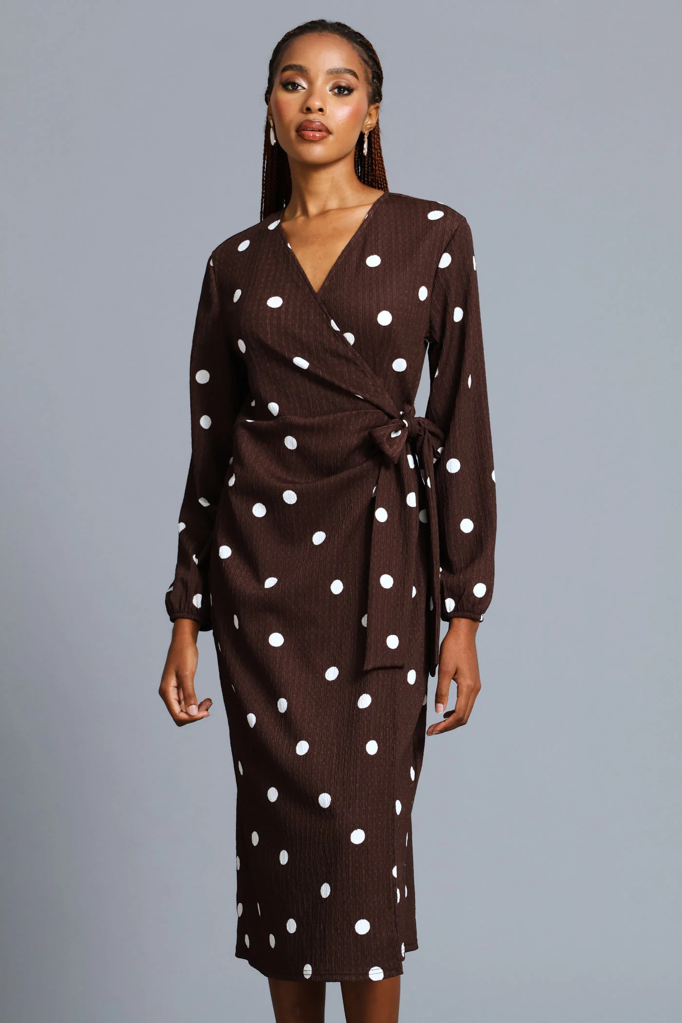 Polka Textured Wrap Midi Dress - Chocolate - Image 4
