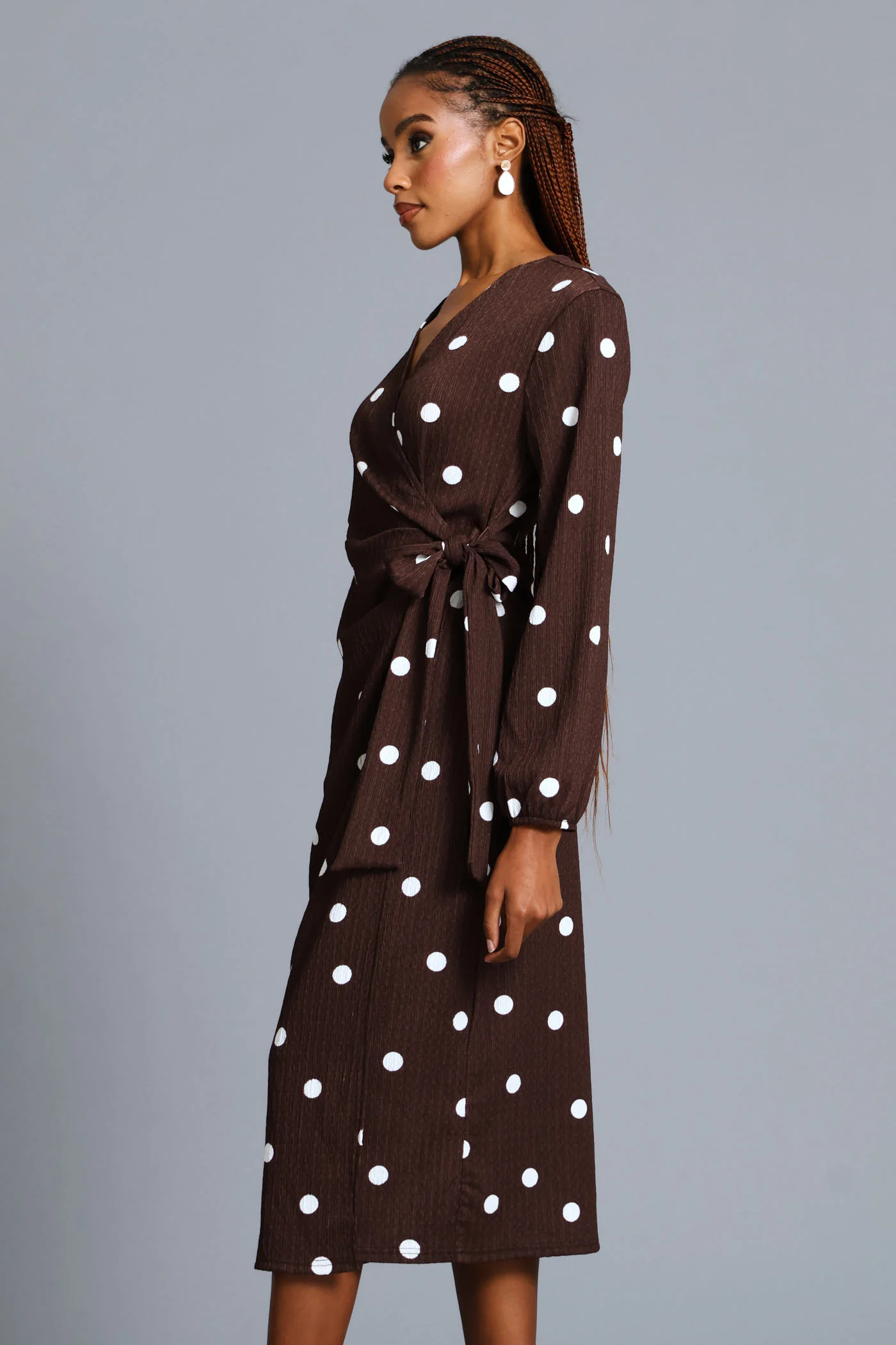Polka Textured Wrap Midi Dress - Chocolate - Image 5