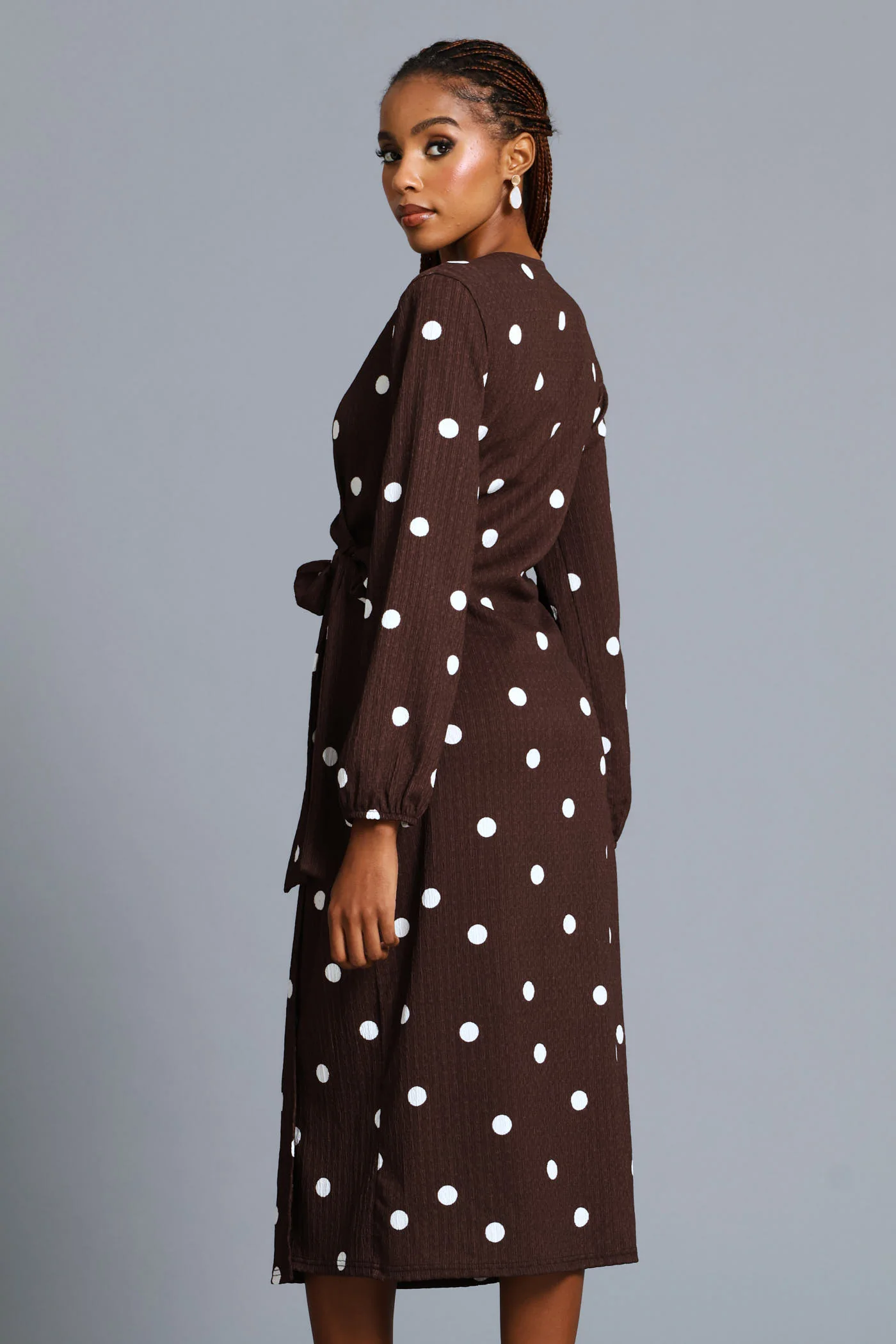 Polka Textured Wrap Midi Dress - Chocolate - Image 6