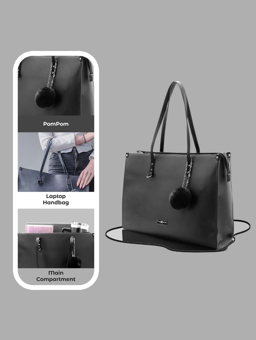 Pompom Ladies Laptop Bag - Black - Image 4