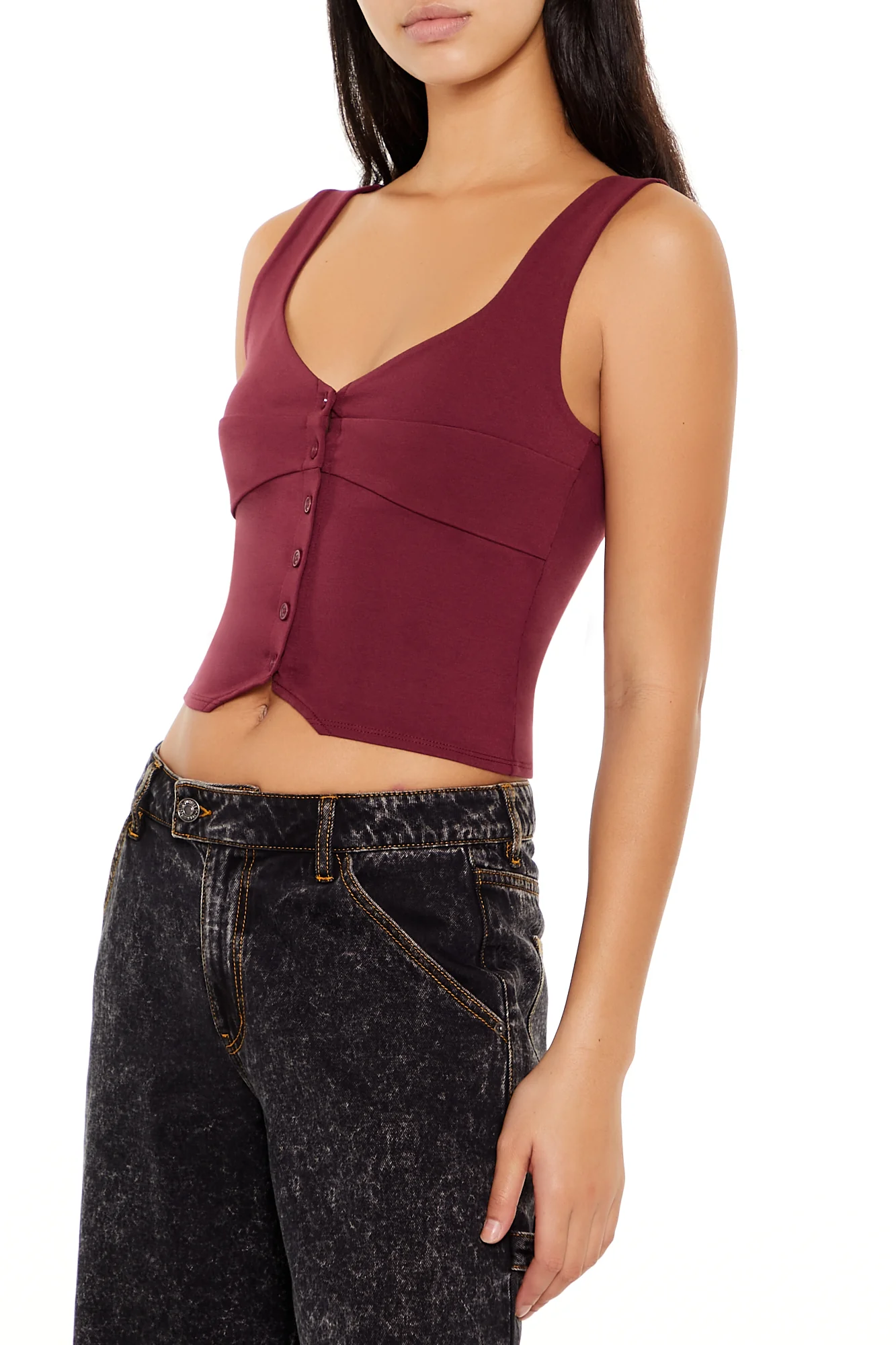Ponte Knit Button-Front Crop Top - Burgundy - Image 3