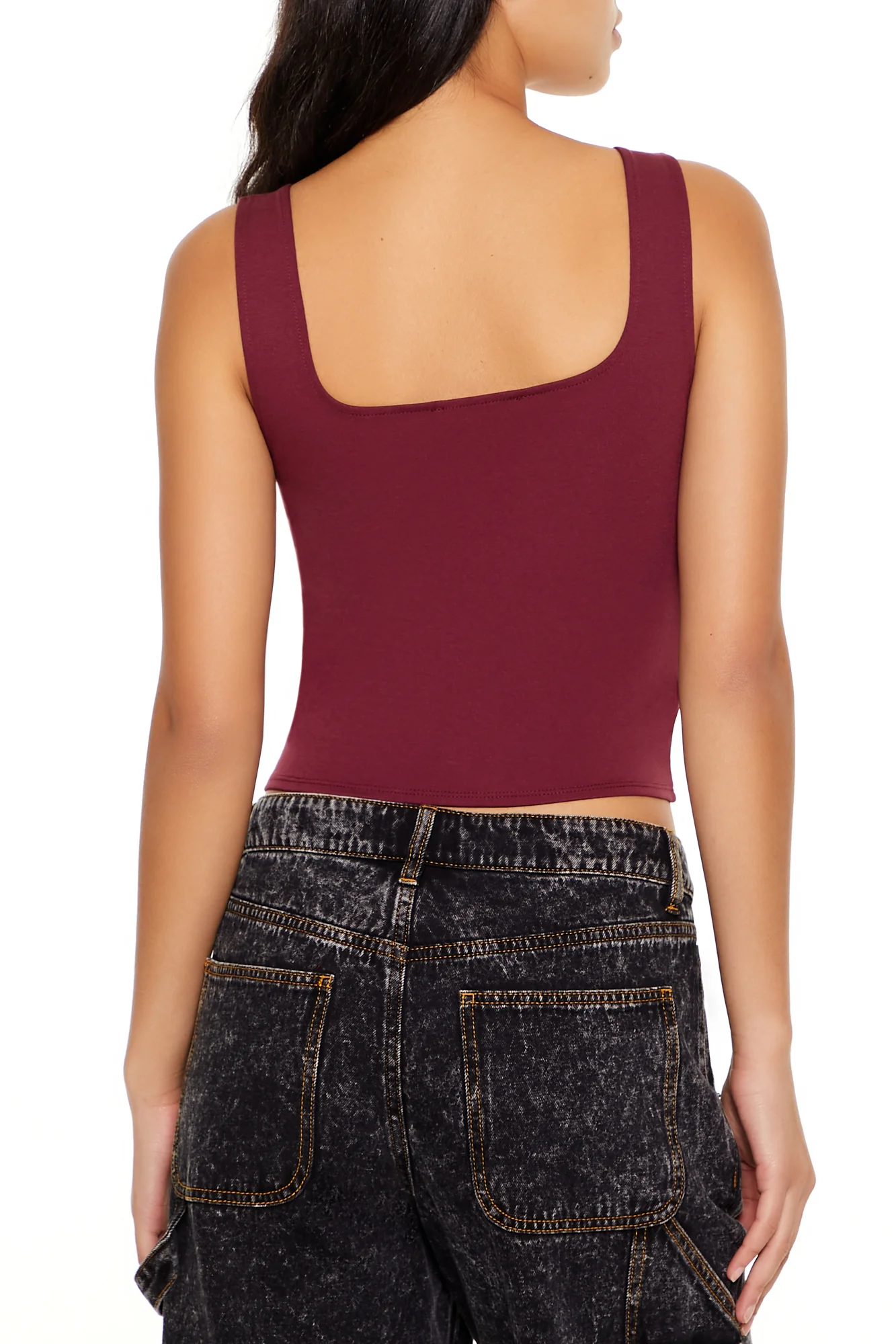 Ponte Knit Button-Front Crop Top - Burgundy - Image 4