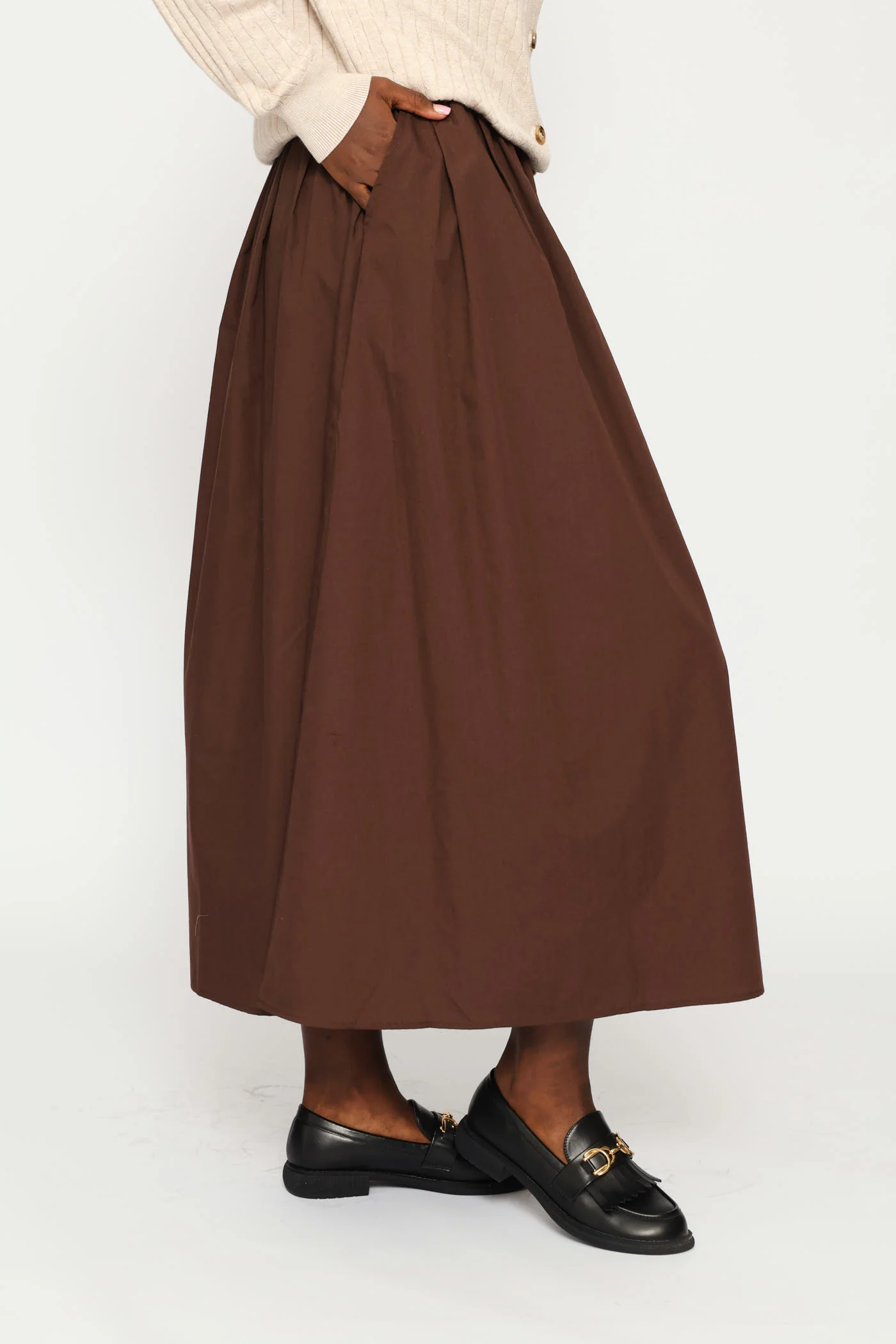 Poplin Flare Midi Skirt - Dark Chocolate - Image 4