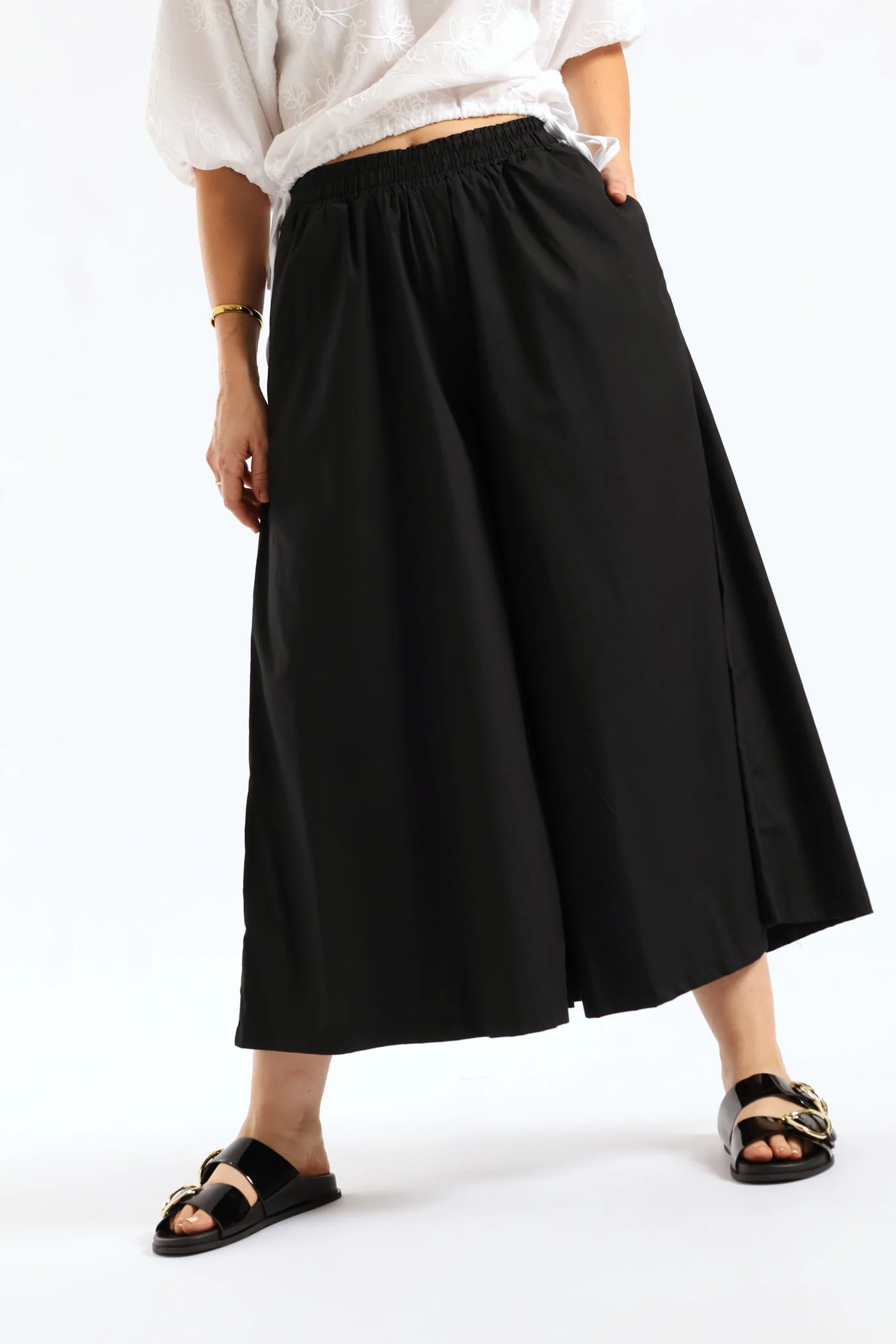 Poplin Wideleg Culotte Pants - Black - Image 3