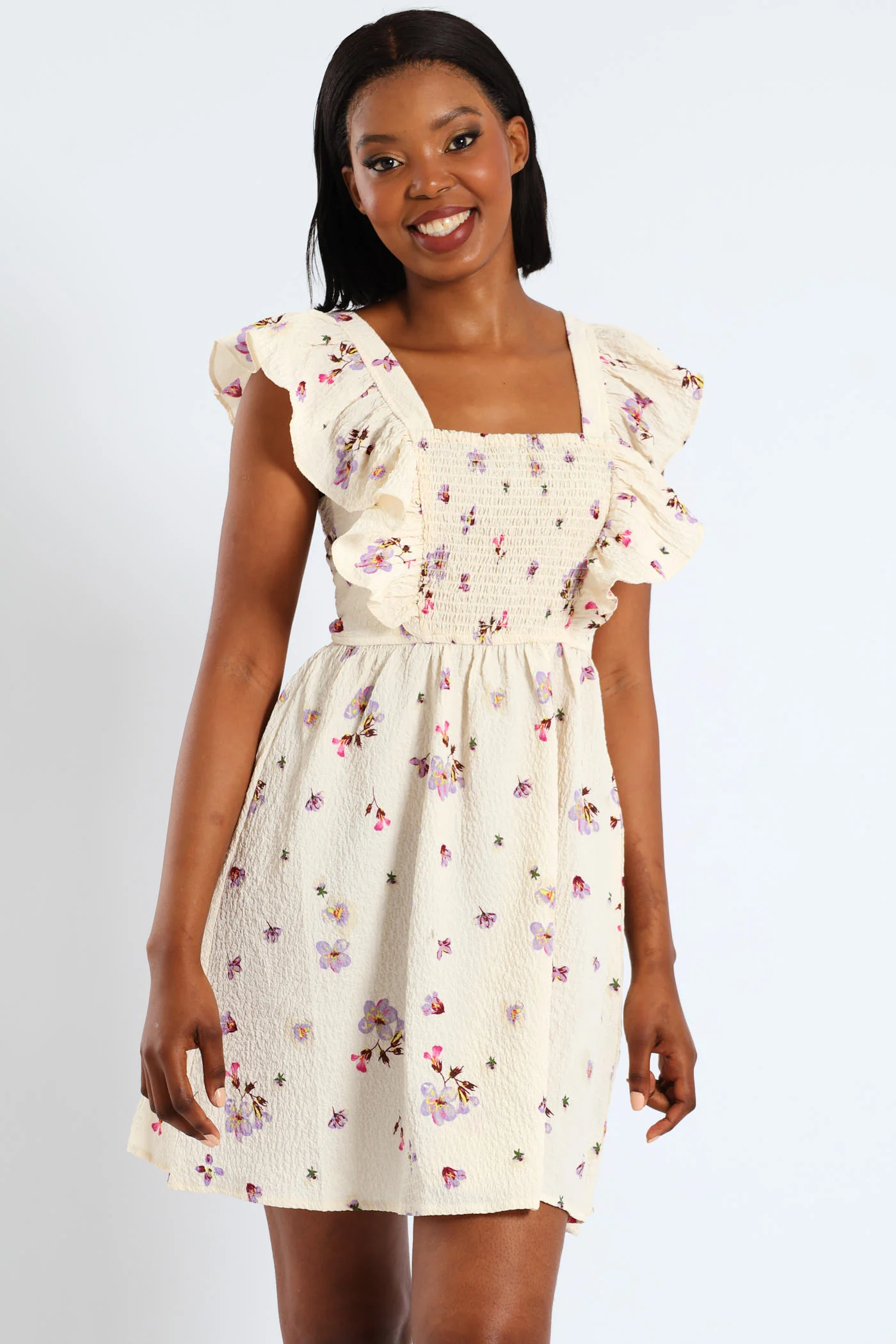 Postcard Frill Smock Mini Dress - Cream - Image 3