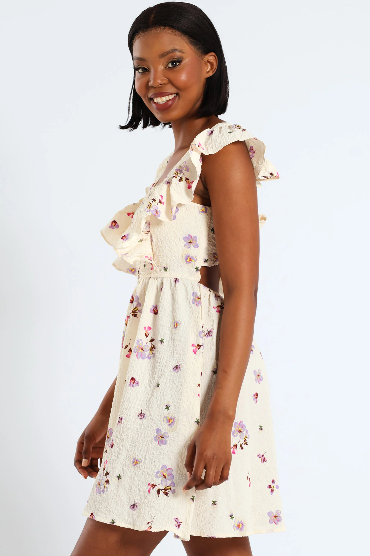 Postcard Frill Smock Mini Dress - Cream - Image 4