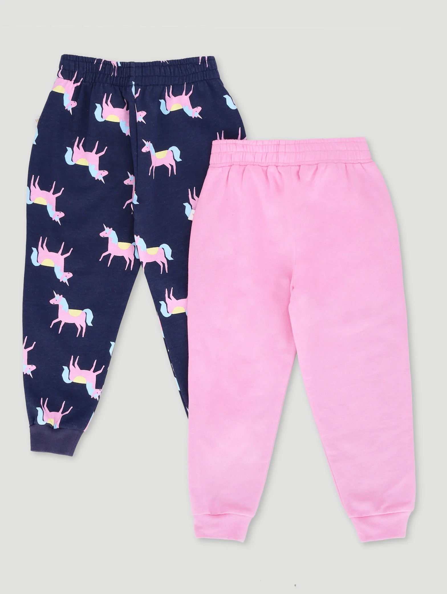 Pre-Girls 2 Pack Unicorn Print Plain Frill Trackpants - Navy/Pink - Image 2