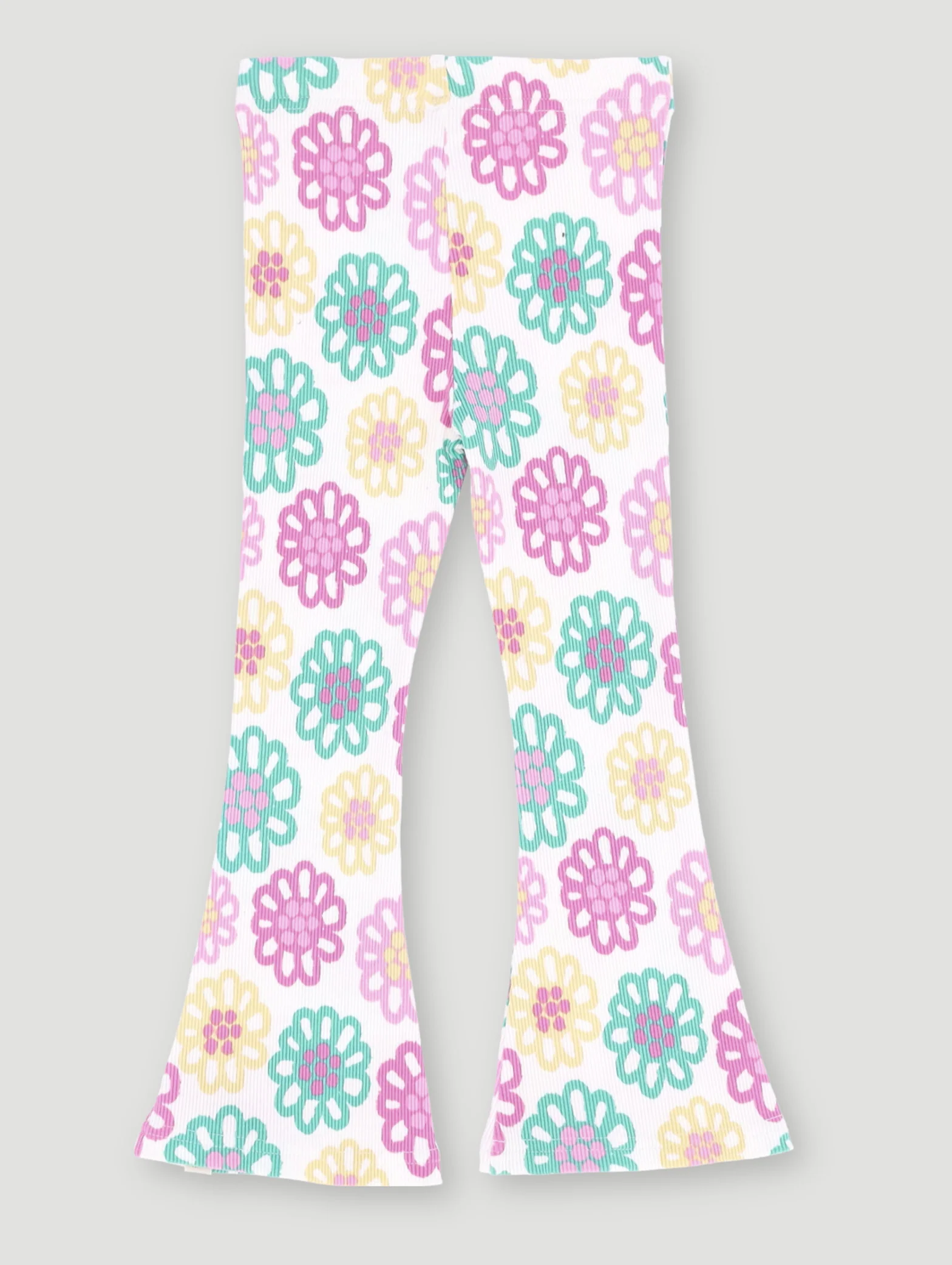 Pre-Girls Bright Floral Rib Flare Leg Pants - White - Image 2