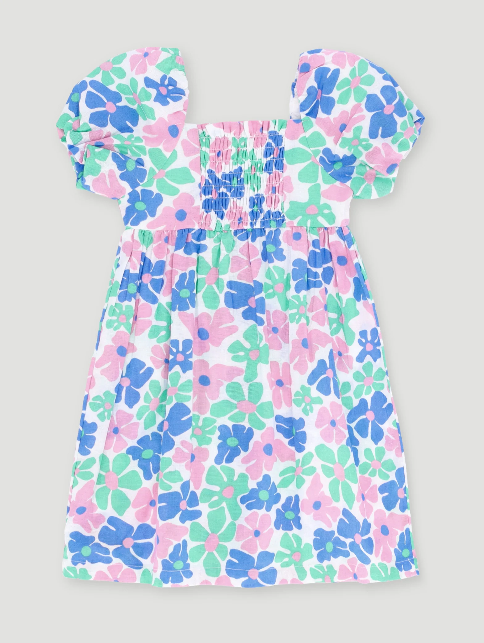Pre- Girls Bubble Sleeve Floral Printed Dress - Blue - Image 2