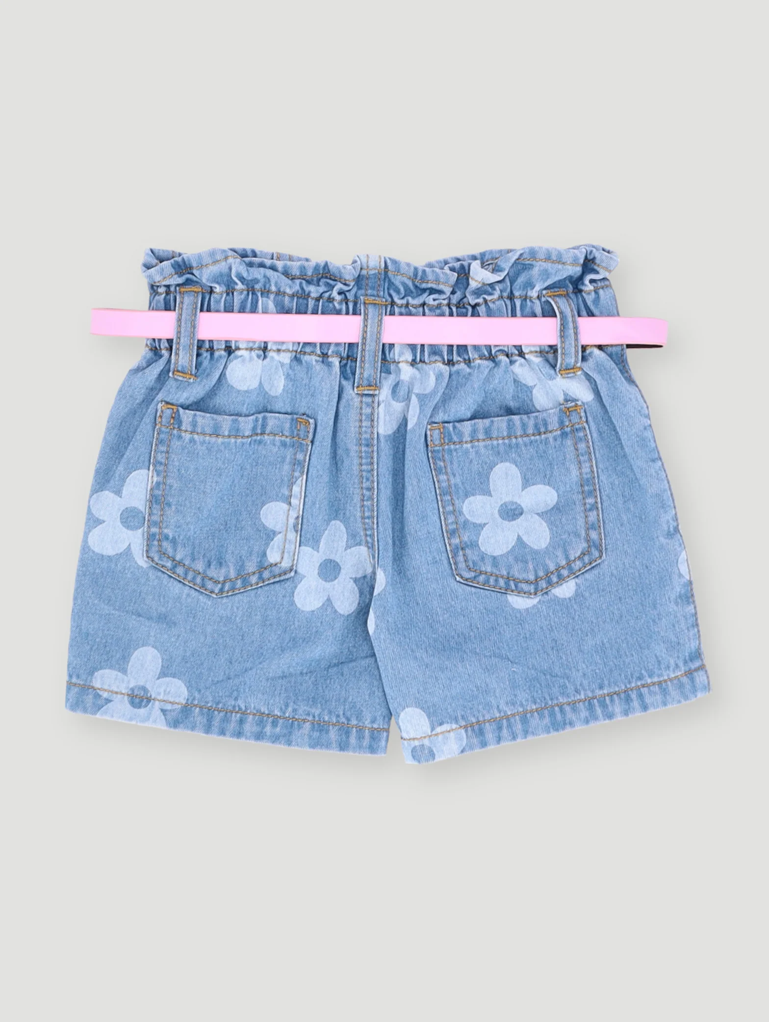 Pre- Girls Floral Printed Paperbag Shorts - Light Wash - Image 2