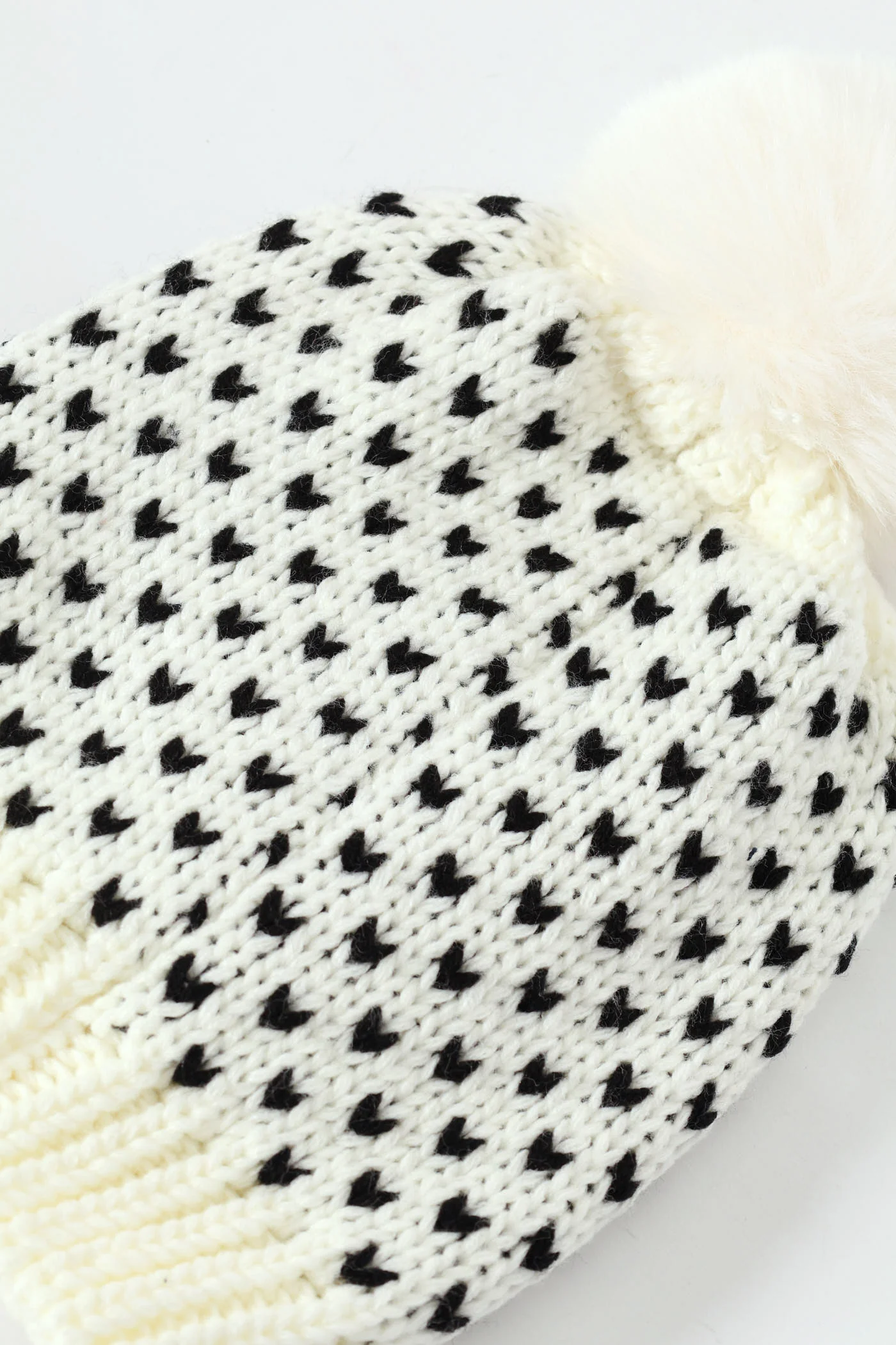 Pre-Girls Heart Print Beanie With Fur Pom Pom - Cream - Image 3