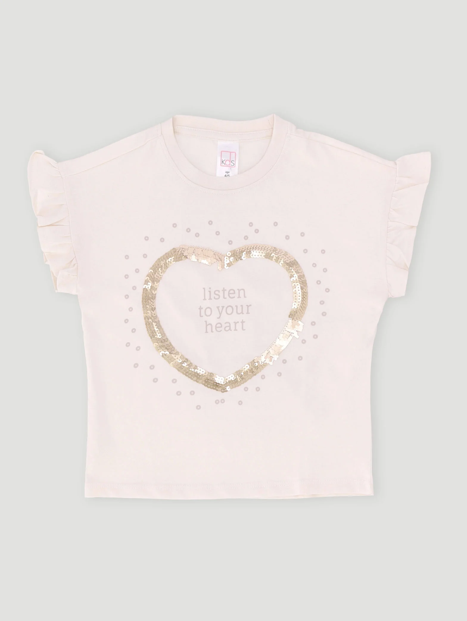 Pre-Girls Heart Sequin Tee - Cream - Image 2