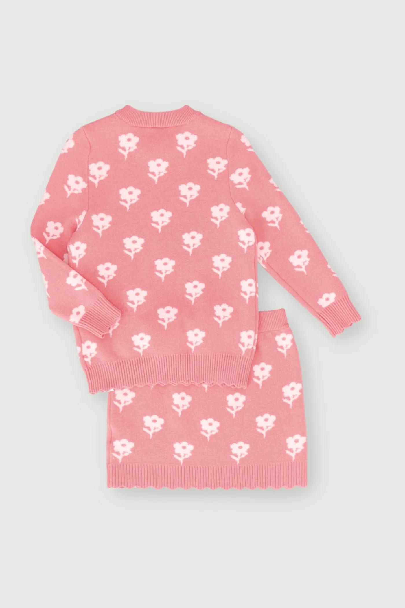Pre-Girls Knitted Flower Print Skirt Set- Light Pink - Image 2