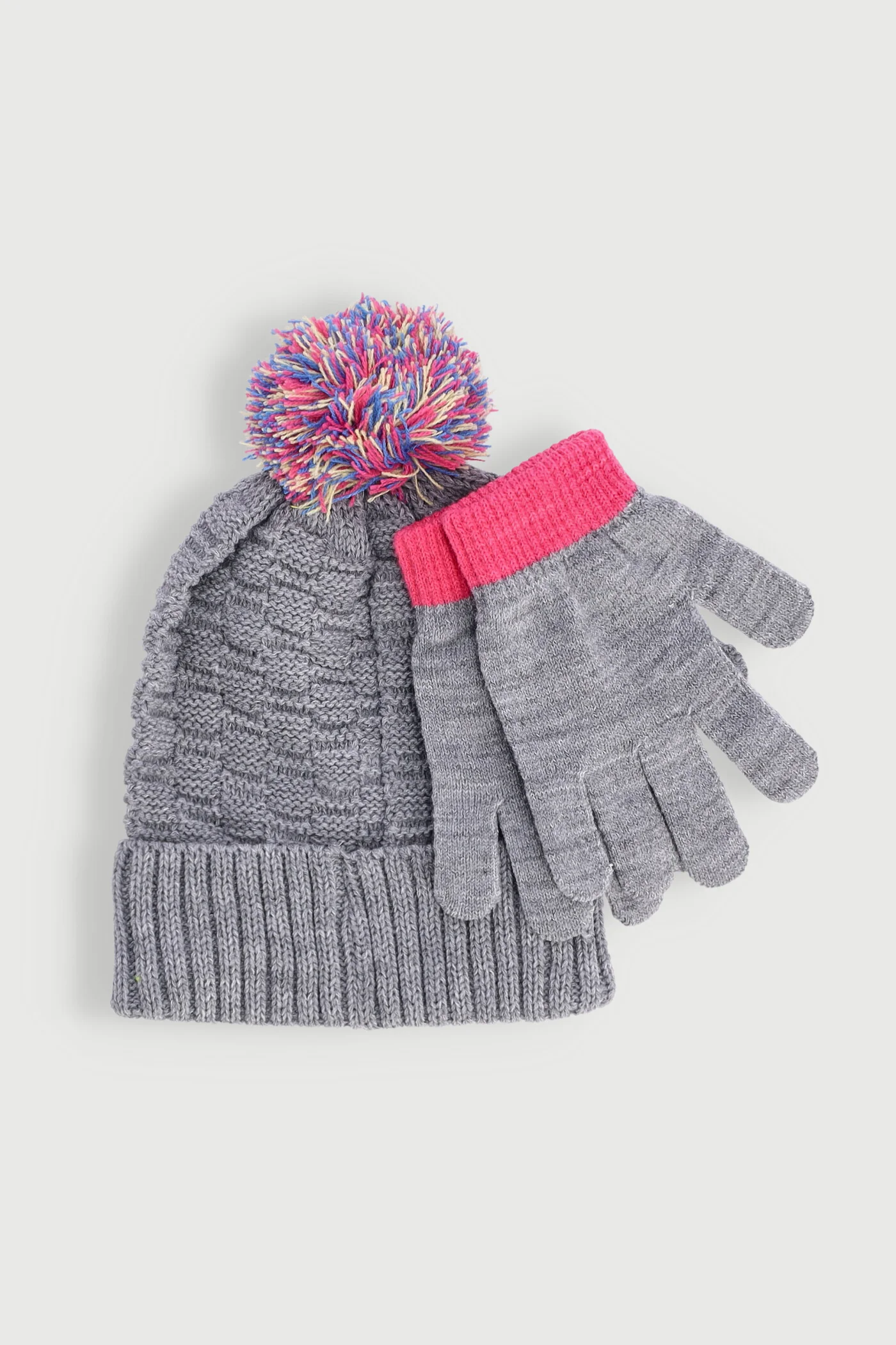 Pre-Girls Multi Colour Pom Pom Beanie And Glove Set - Grey - Image 2