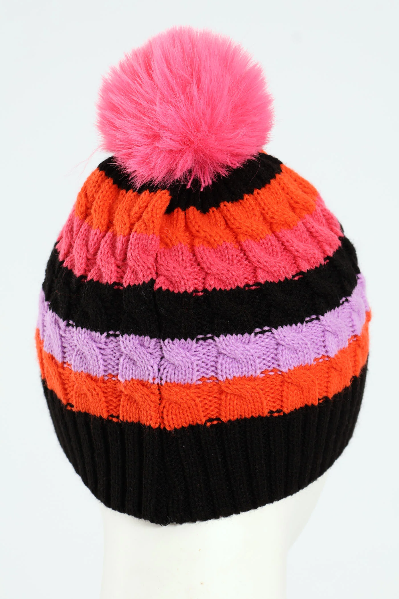Pre-Girls Multi Colour Stripe Beanie With Fur Pom Pom - Black - Image 2