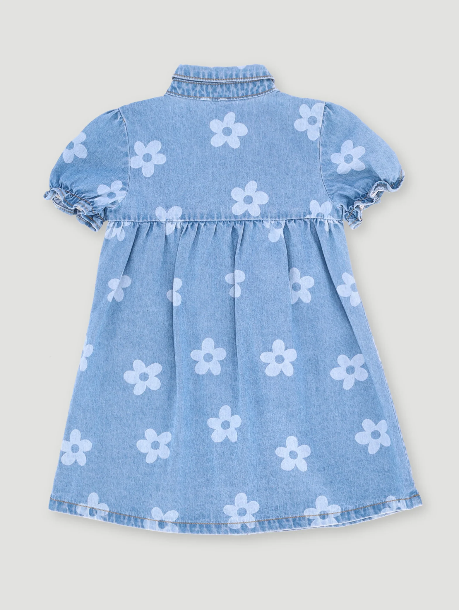 Pre- Girls Short Sleeve Floral Printed Denim Dress - Light Blue - Image 2