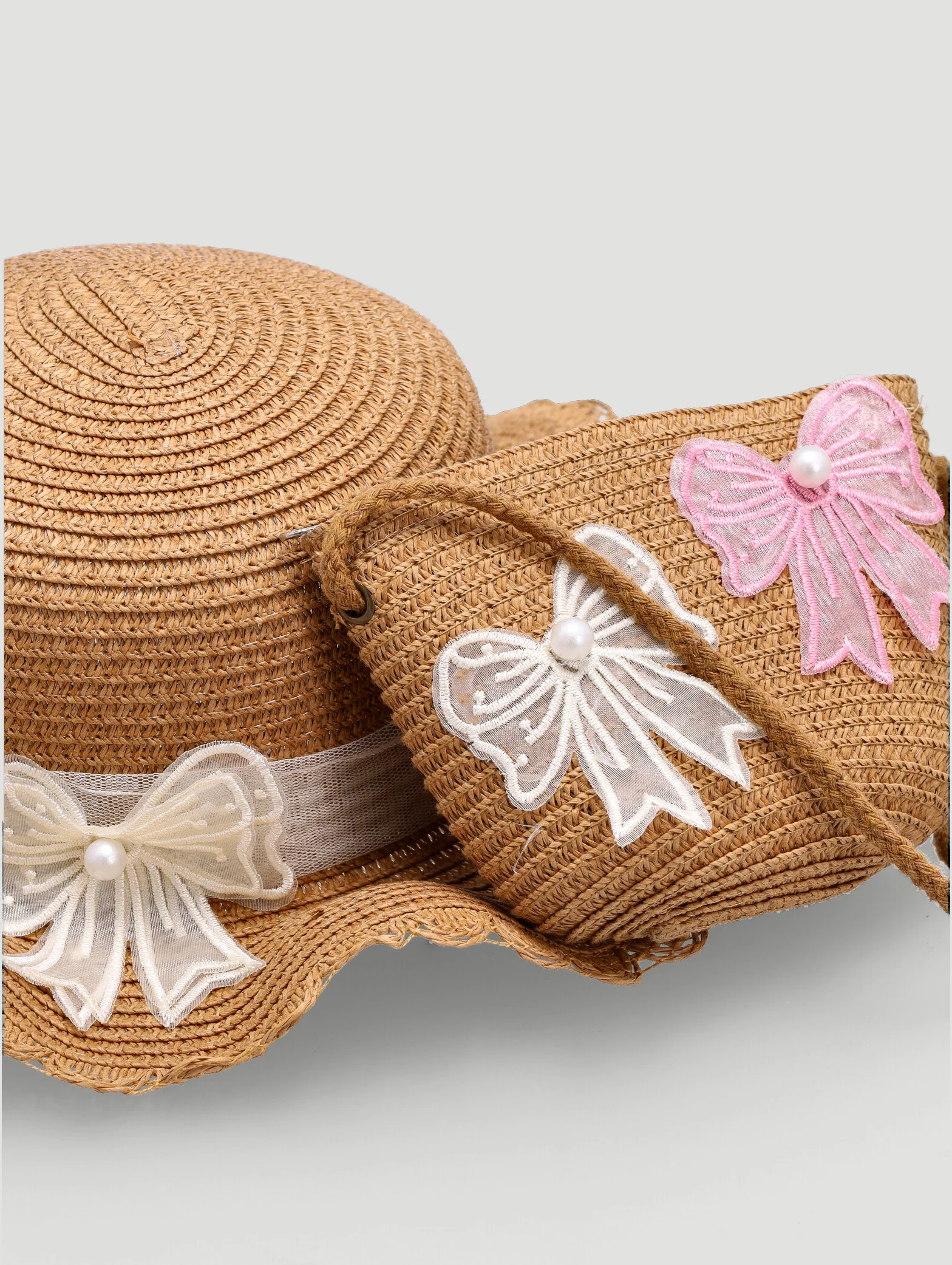 Pre-Girls Straw Hat Set With Bag - Brown - Image 2
