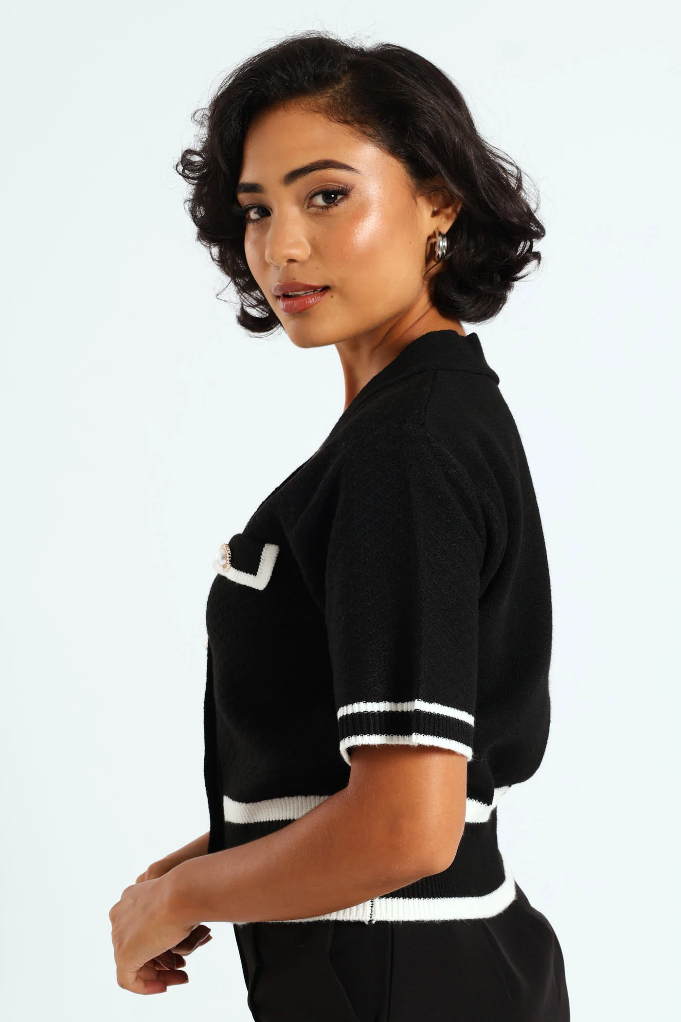 Preppy Contrast Cardigan - Black - Image 4