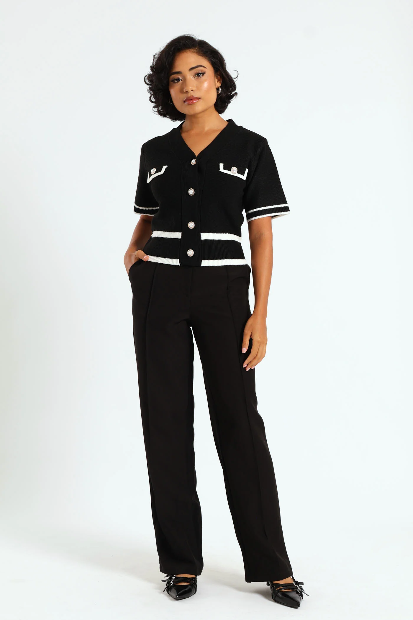 Preppy Contrast Cardigan - Black - Image 5