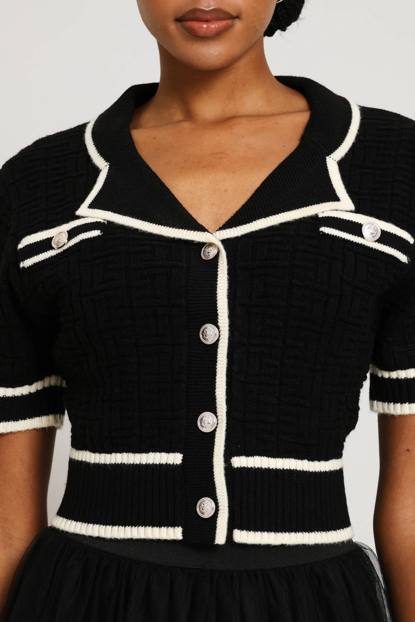 Preppy Constrast Textured Cardi - Black/Cream - Image 2