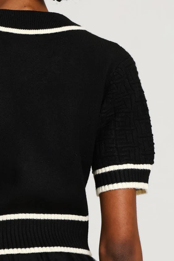 Preppy Constrast Textured Cardi - Black/Cream - Image 4