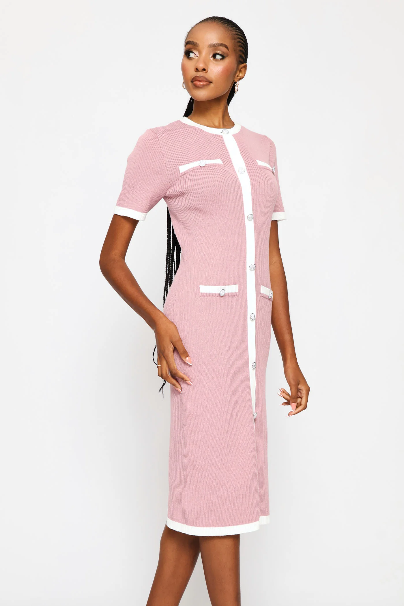 Preppy Contrast Knitwear Dress - Mauve - Image 3