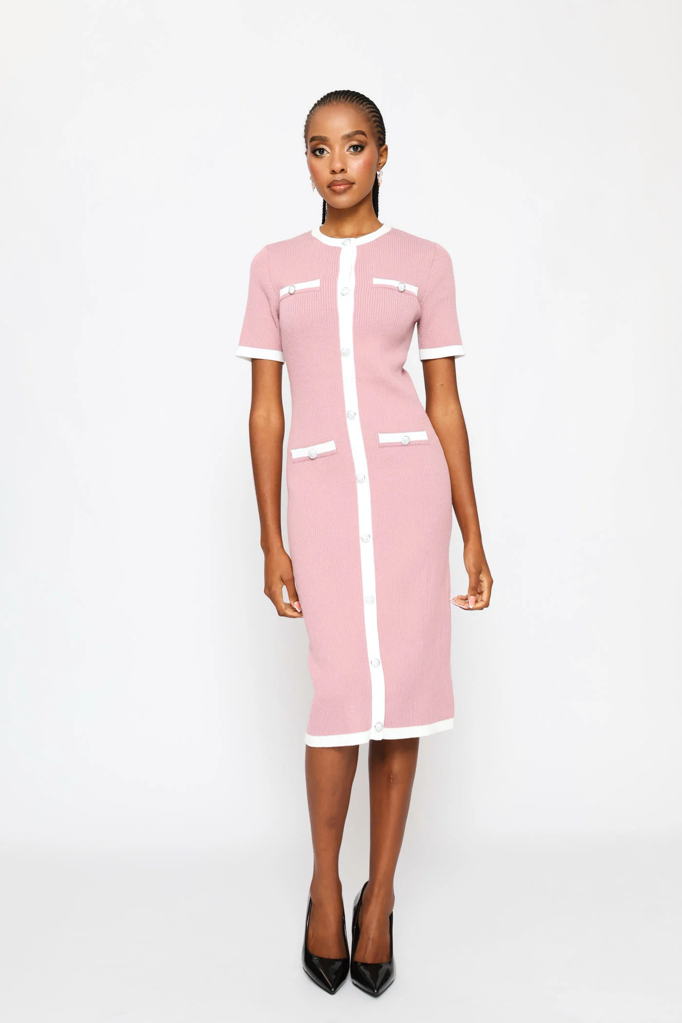 Preppy Contrast Knitwear Dress - Mauve - Image 5