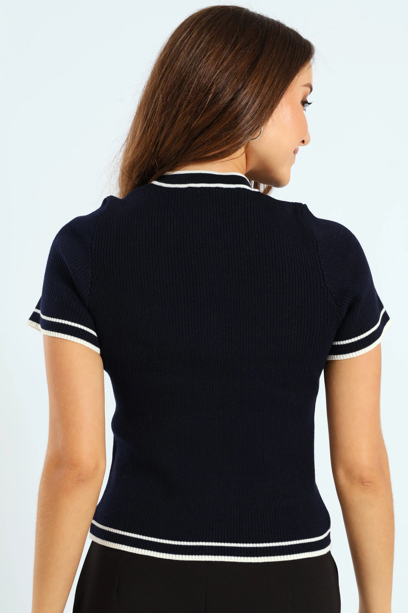Preppy Crew Neck Cardigan - Navy - Image 3