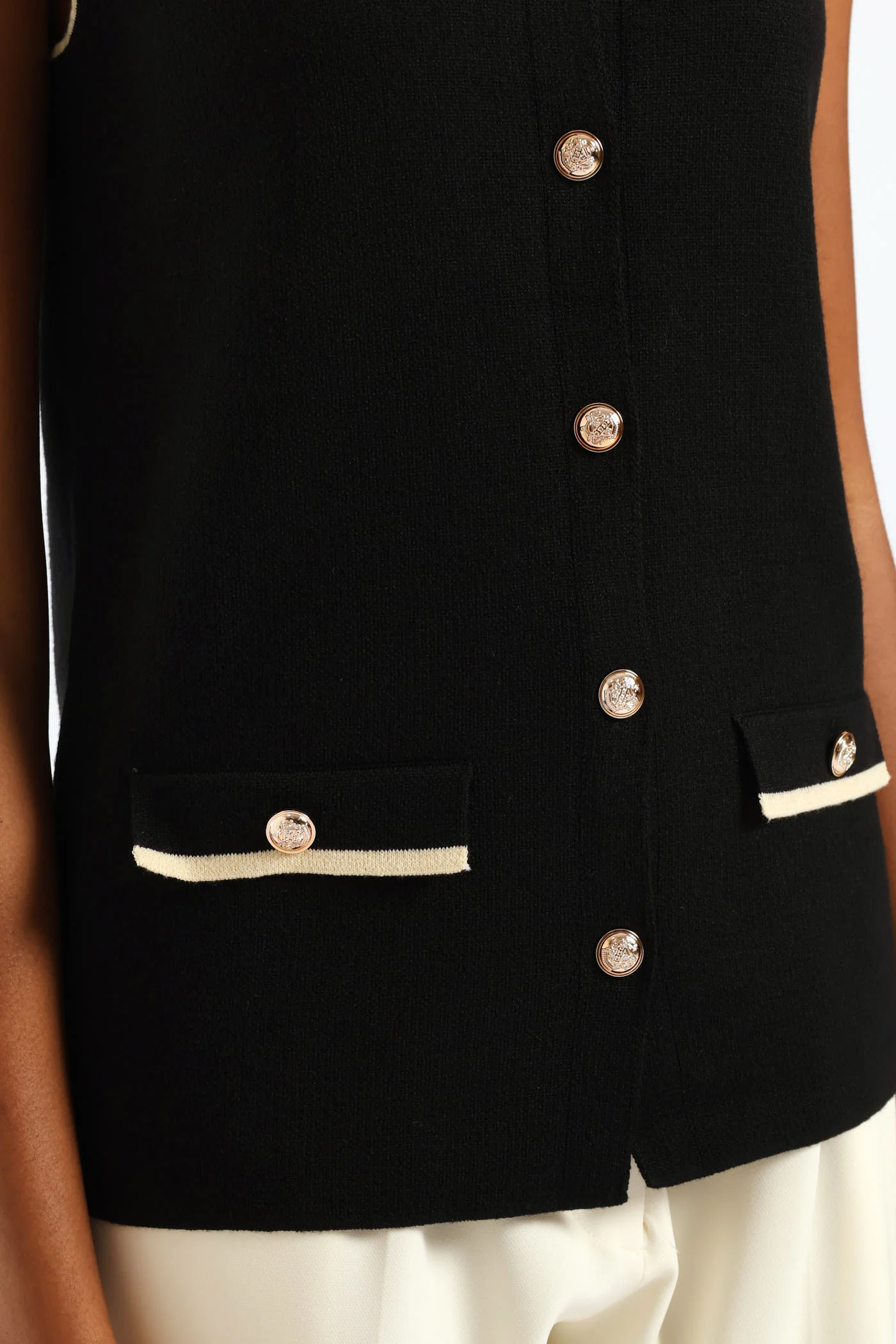 Preppy Long Length Knitwear Waistcoat - Black/Cream - Image 2