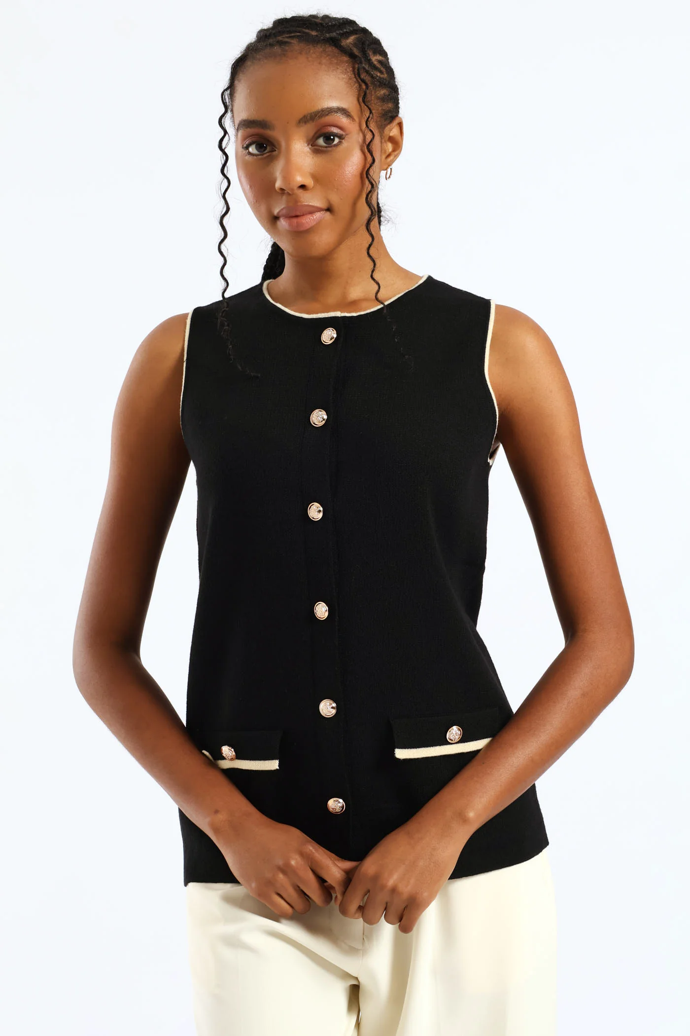 Preppy Long Length Knitwear Waistcoat - Black/Cream - Image 3