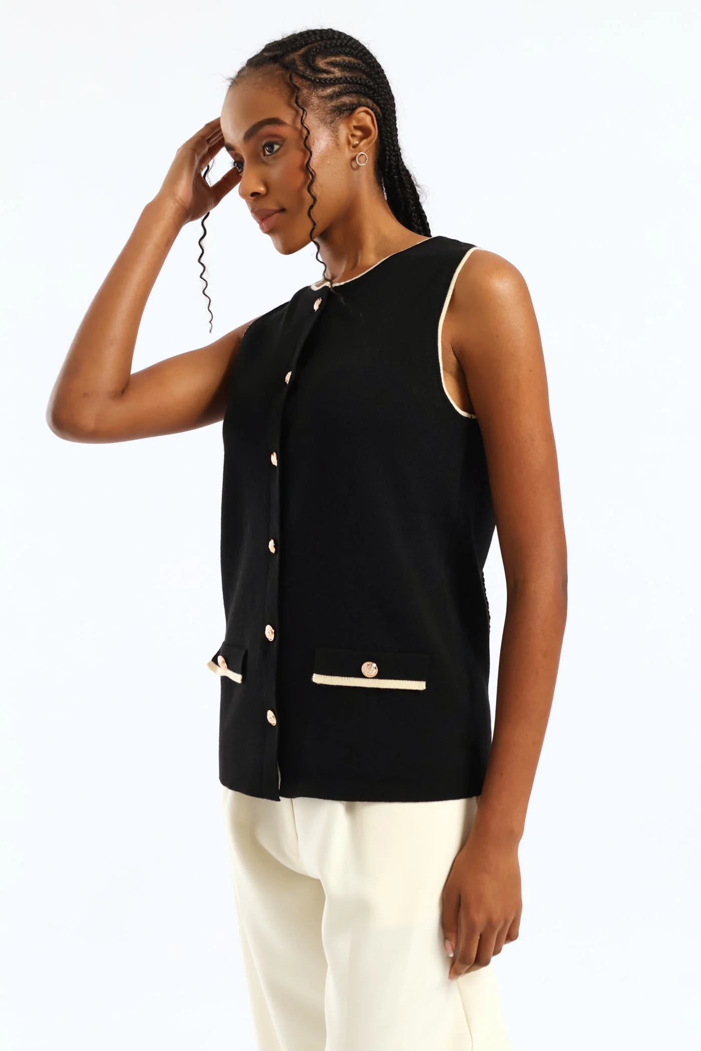 Preppy Long Length Knitwear Waistcoat - Black/Cream - Image 4