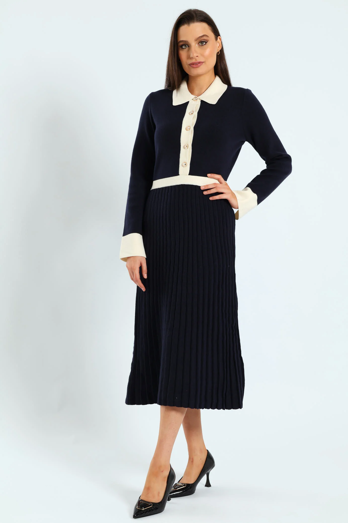 Preppy Pleated Knitwear Midi Dress - Navy - Image 2
