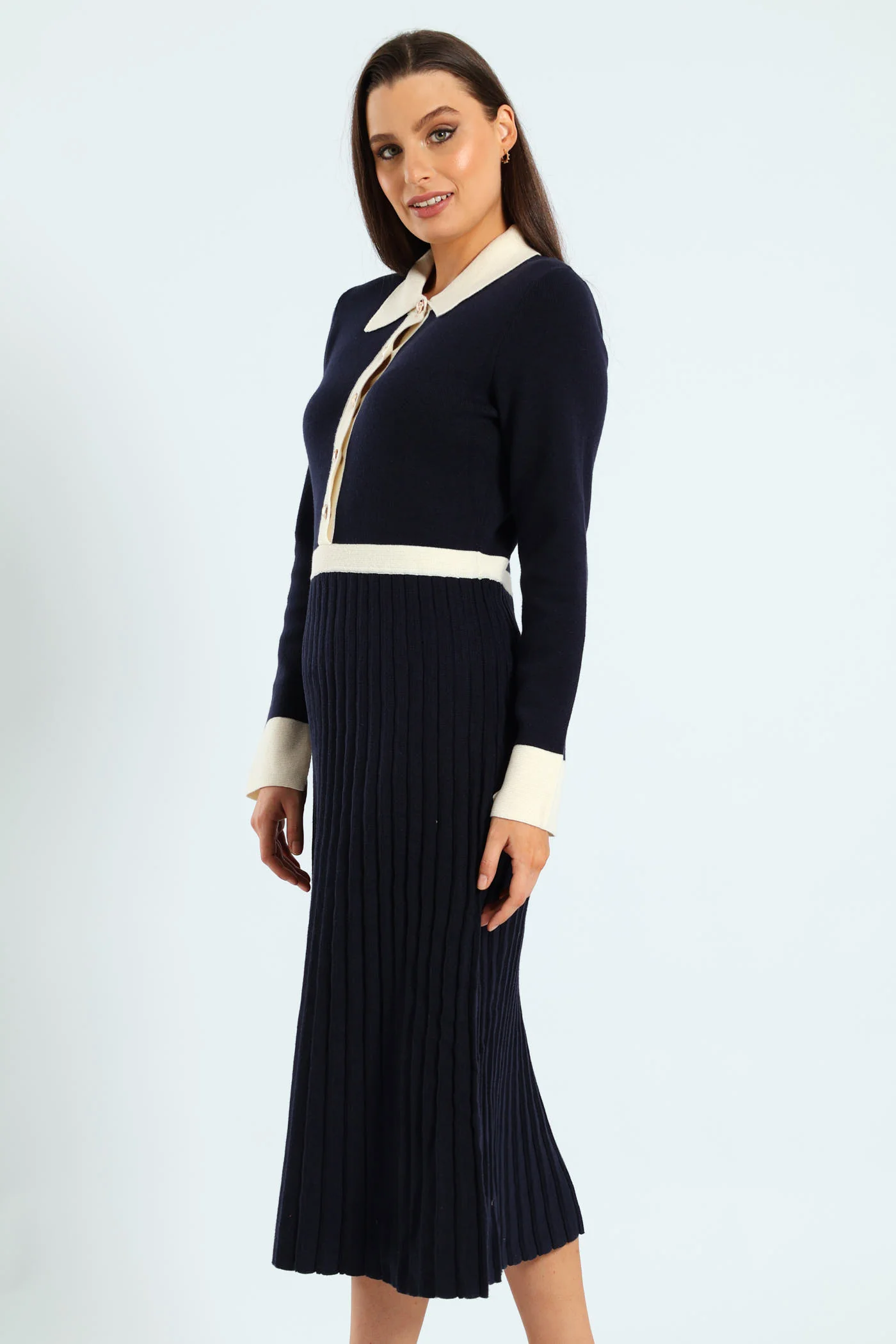 Preppy Pleated Knitwear Midi Dress - Navy - Image 3