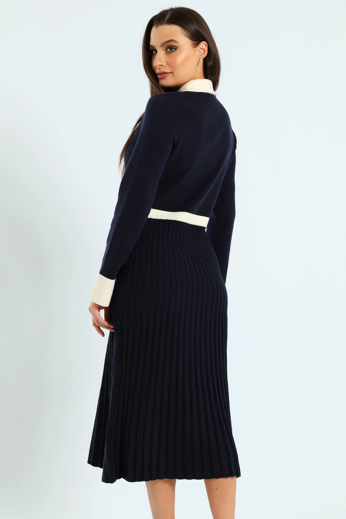 Preppy Pleated Knitwear Midi Dress - Navy - Image 4