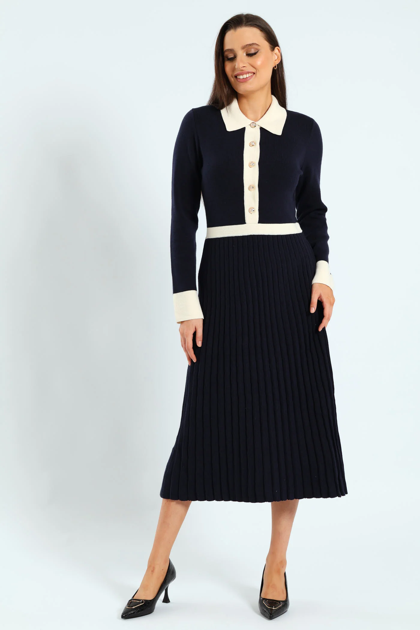 Preppy Pleated Knitwear Midi Dress - Navy - Image 5