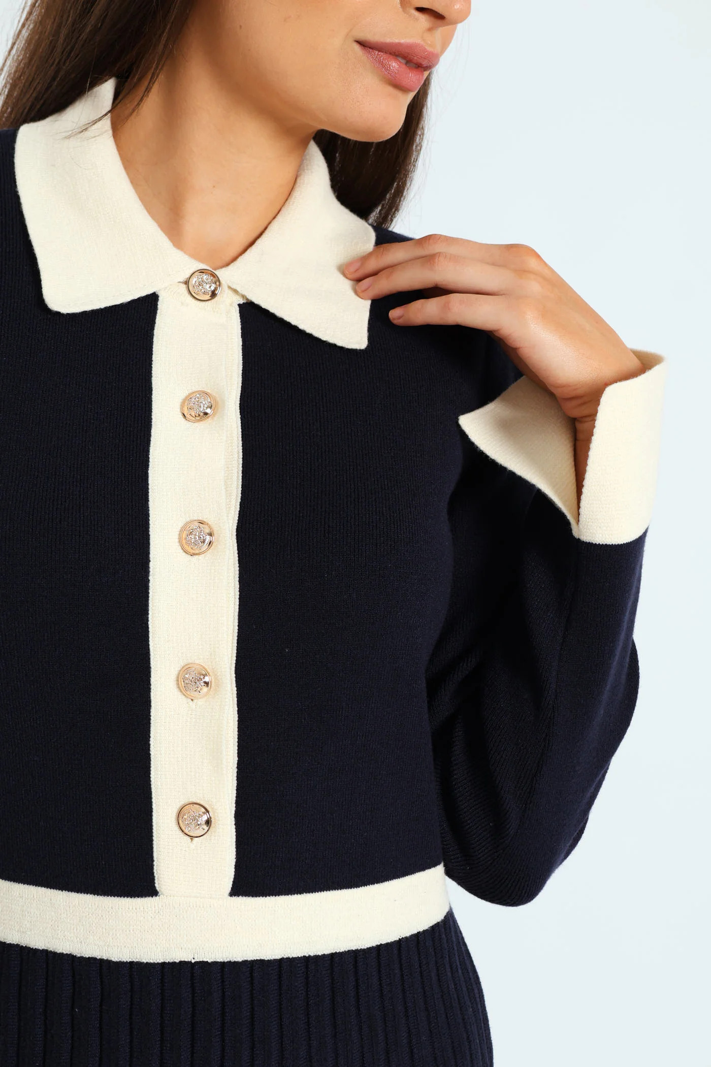 Preppy Pleated Knitwear Midi Dress - Navy - Image 6