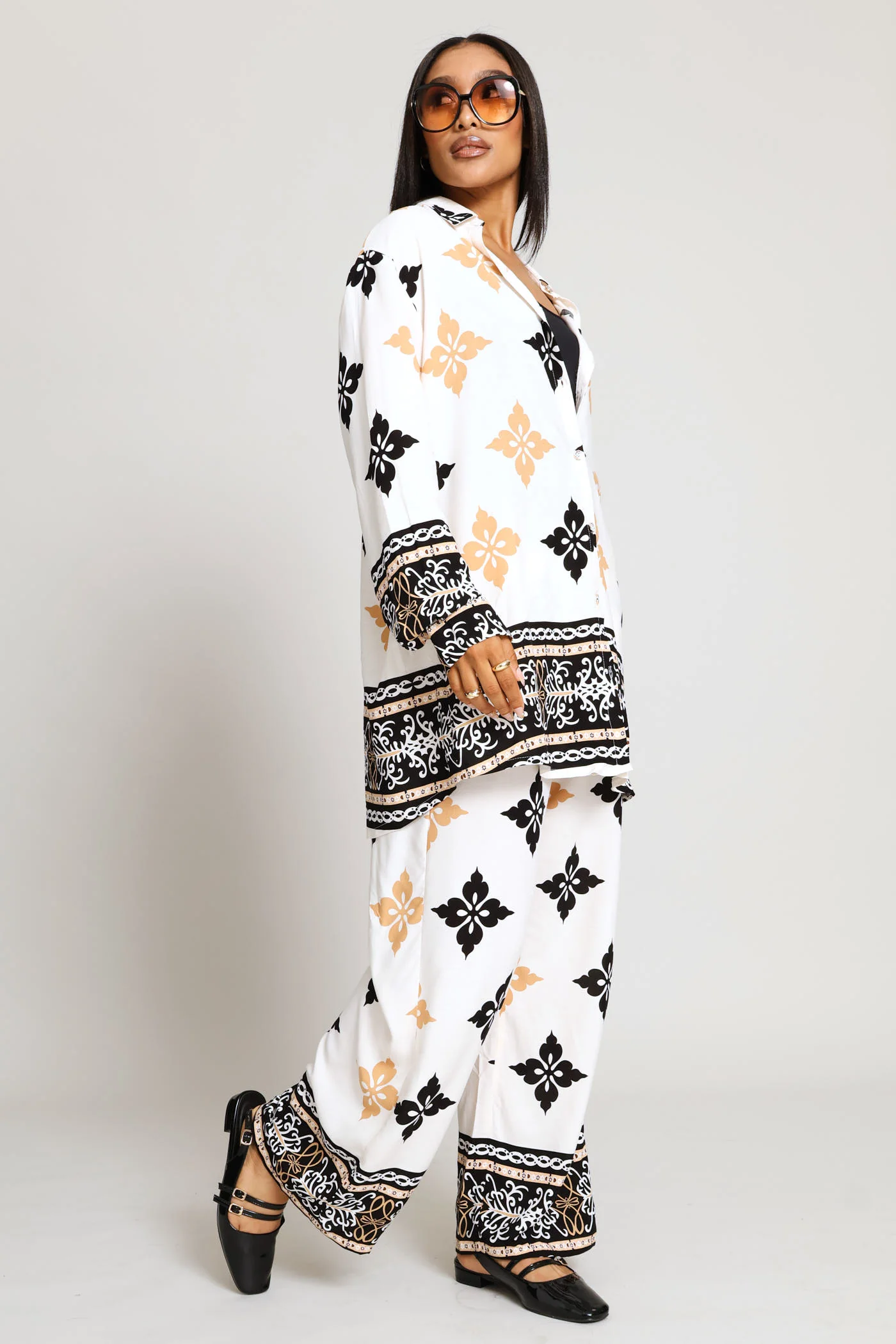Printed Border Pullon Wideleg Pants - Cream/Multi - Image 5